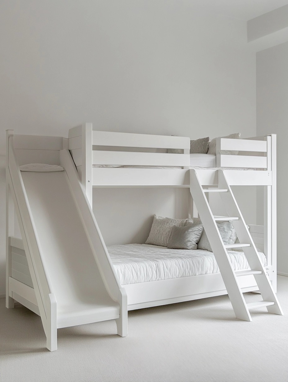 Litera con tobogán con tobogán,blanca,pino y MDF,dormitorio infantil,210x216x227 cm