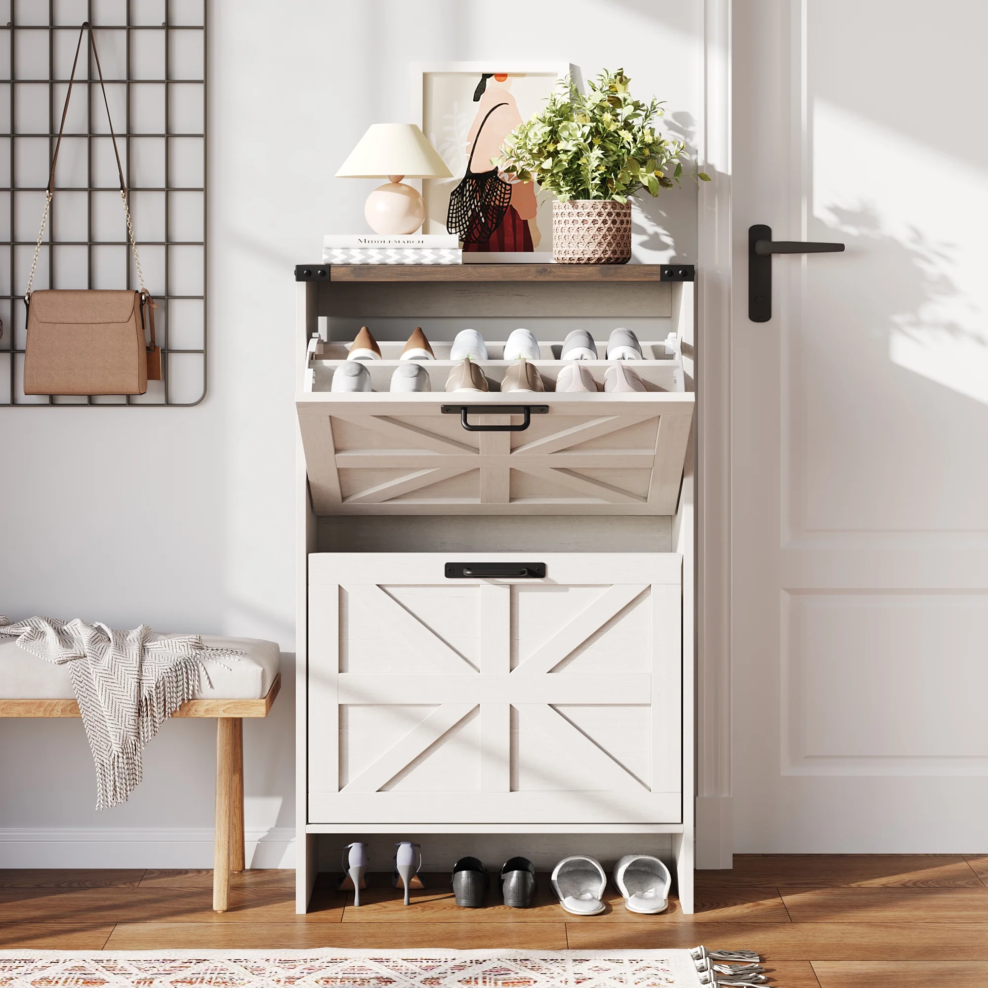 VEANERWOOD Shoes Storage Cabinet With Doors, Farmhouse Shoe Cabinet With 2 Flip Drawers For Entryway,Gray - Image 13