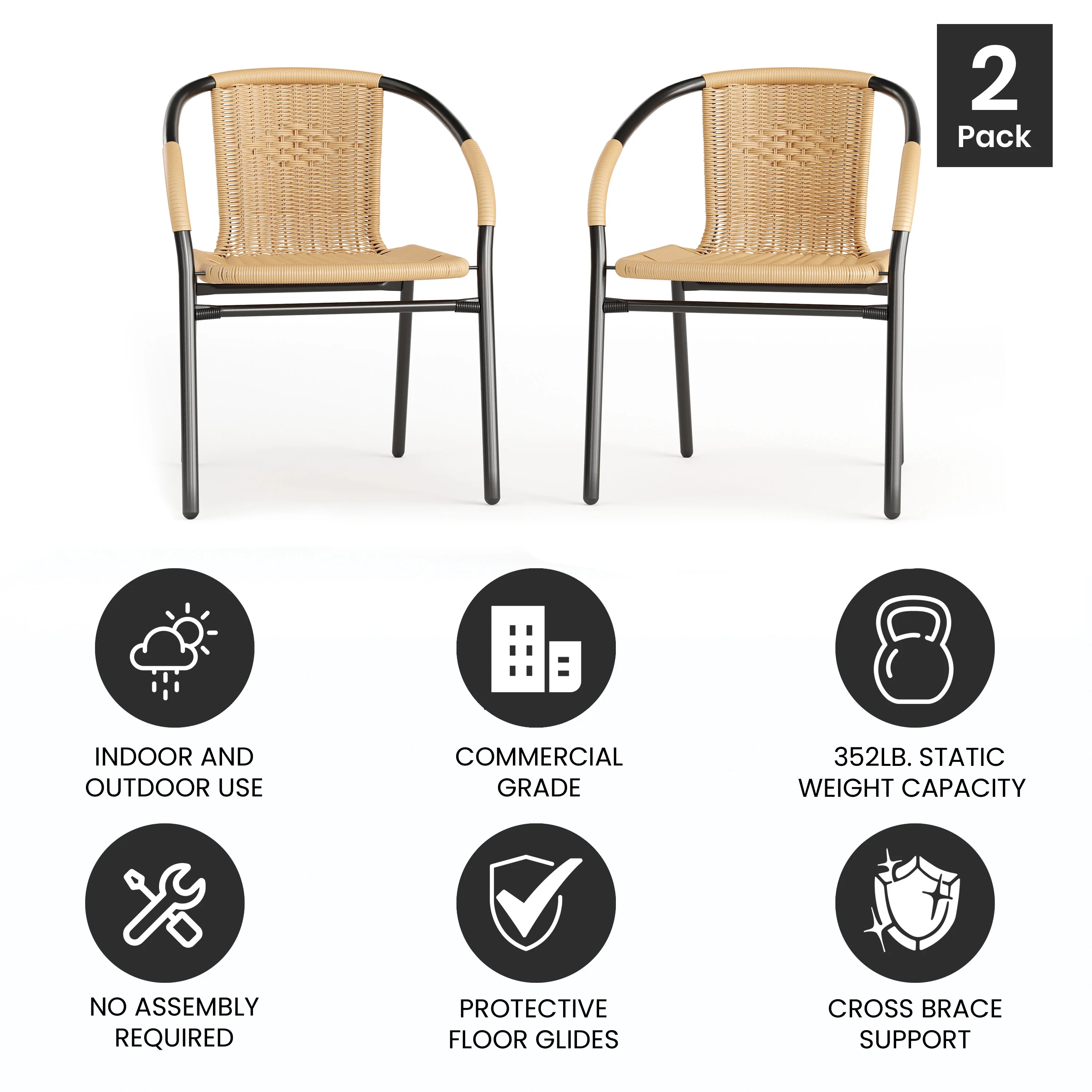Emma + Oliver Indoor/Outdoor Stacking Rattan Restaurant Patio Chairs, Set of 2, Gray - Image 36