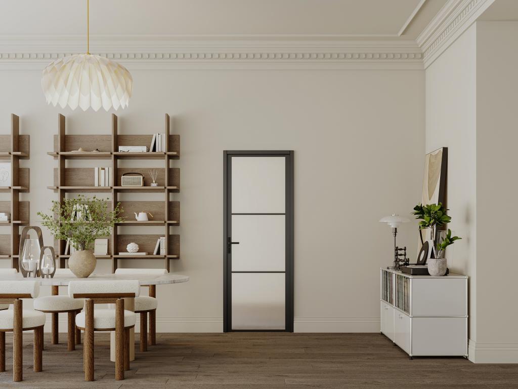 Puerta reversible de aluminio y vidrio templado esmerilado - Alt. 204 x L73 cm - Negro - MASERU