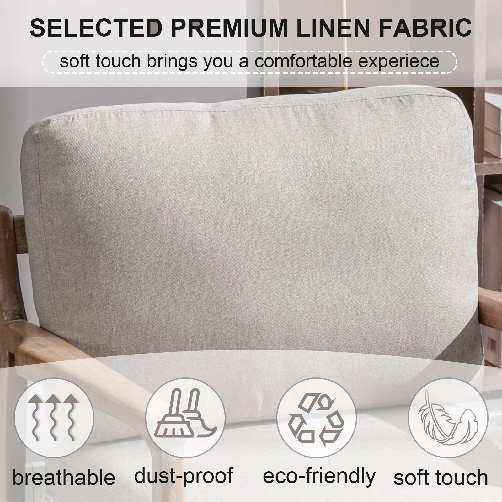 Bonzy Home Design Accent Chair, Comfy Fabric Armchair with Solid Wood Frame & Removable Cushions, Upholstered Reading Chair for Living Room Bedroom, Beige - Image 3