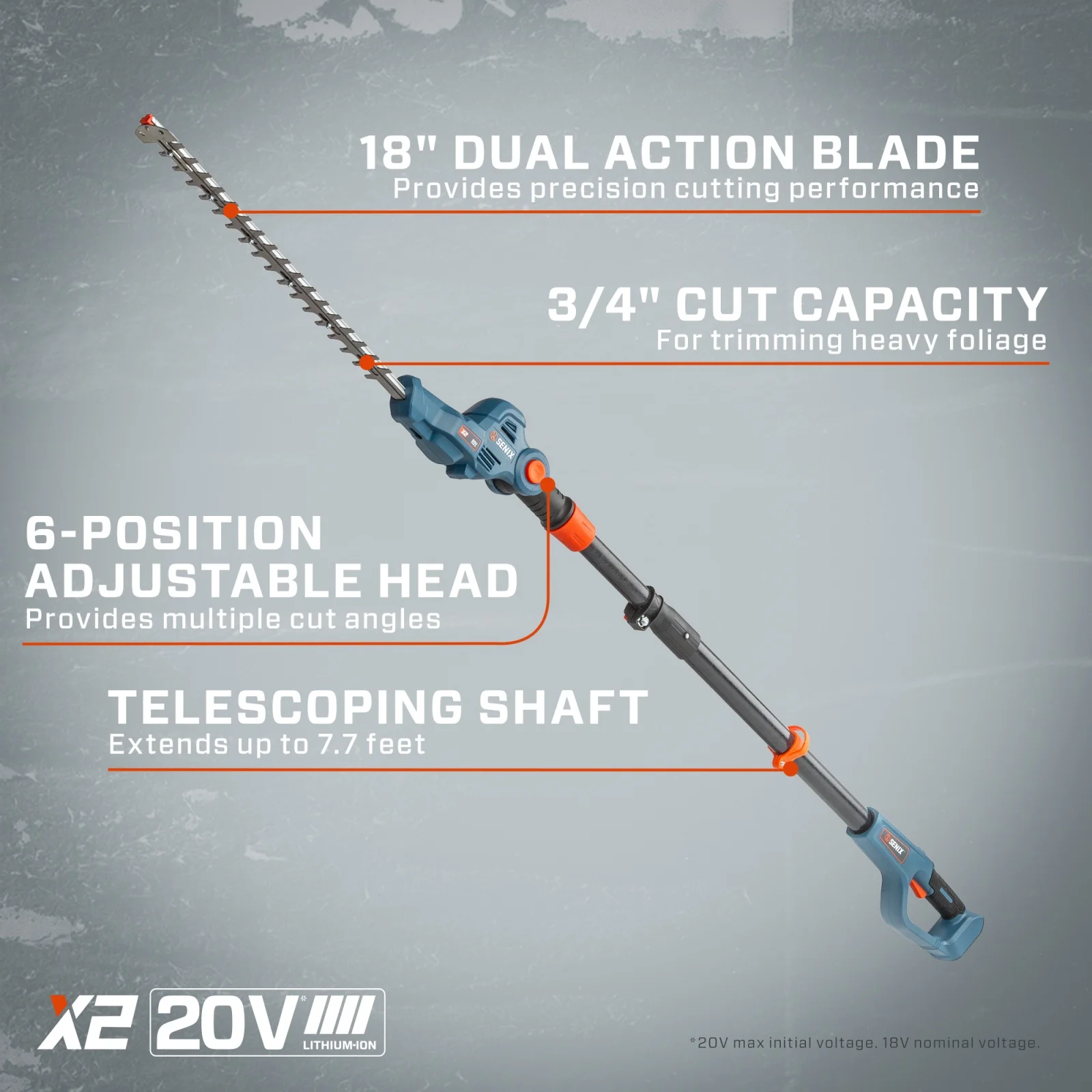 SENIX 20 Volt Max* Cordless Pole Hedge Trimmer 18-Inch Cutting / 21-inch Blade Length with Adjustable Head & Telescoping Shaft, Battery & Charger included, HTPX2-M - Image 7