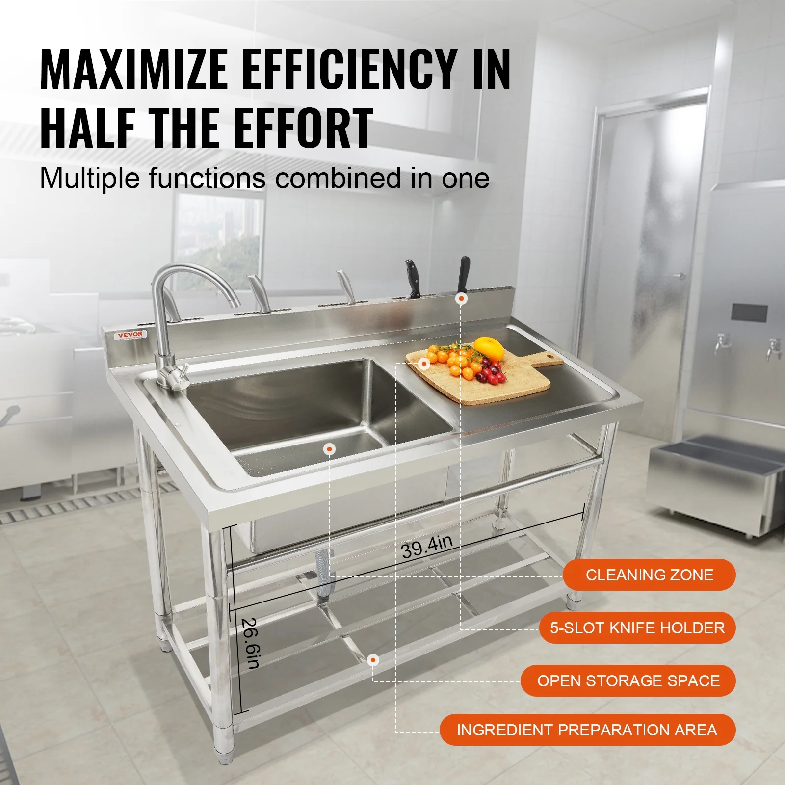 Bentism Silver Stainless Steel 39.4 x 19.1 x 37.4 inches Rectangular Single Bowl Sink - image 3