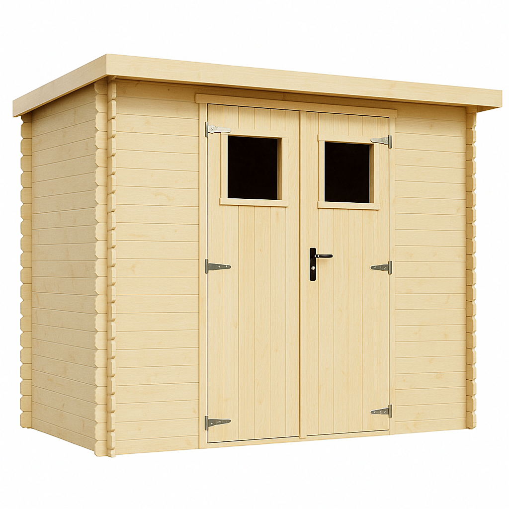 Caseta de jardín de madera, almacenamiento exterior compacto con doble puerta y ventanas, 205 × 150 × 210 cm, color madera natural clara, ideal para guardar herramientas, equipos de jardinería y bicicletas