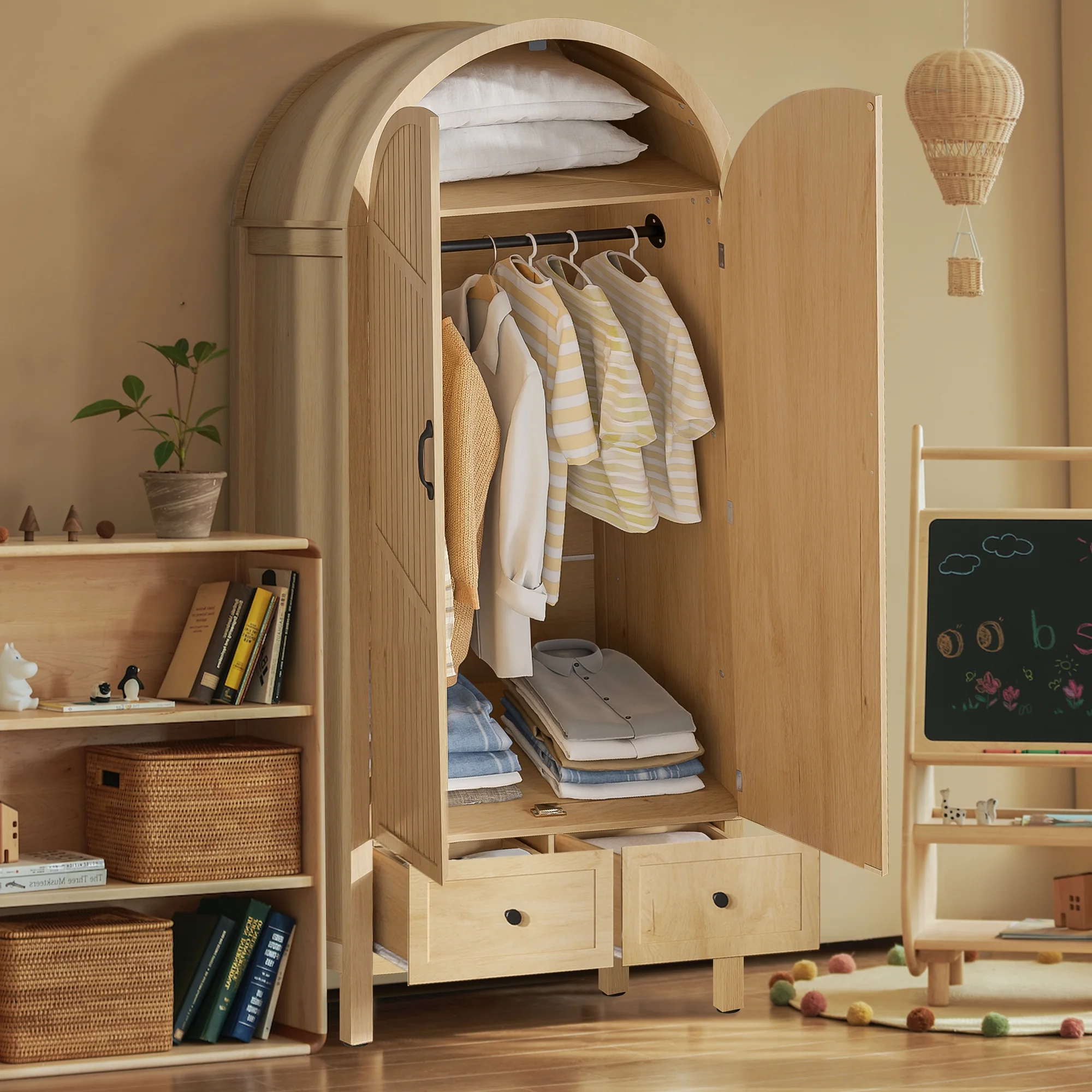 Oubayajia Arched Armoire Wardrobe Closet with Fluted Doors, Wooden Wardrobe Closet with Drawers, Shelves and Hanging Rod for Bedroom - Image 11