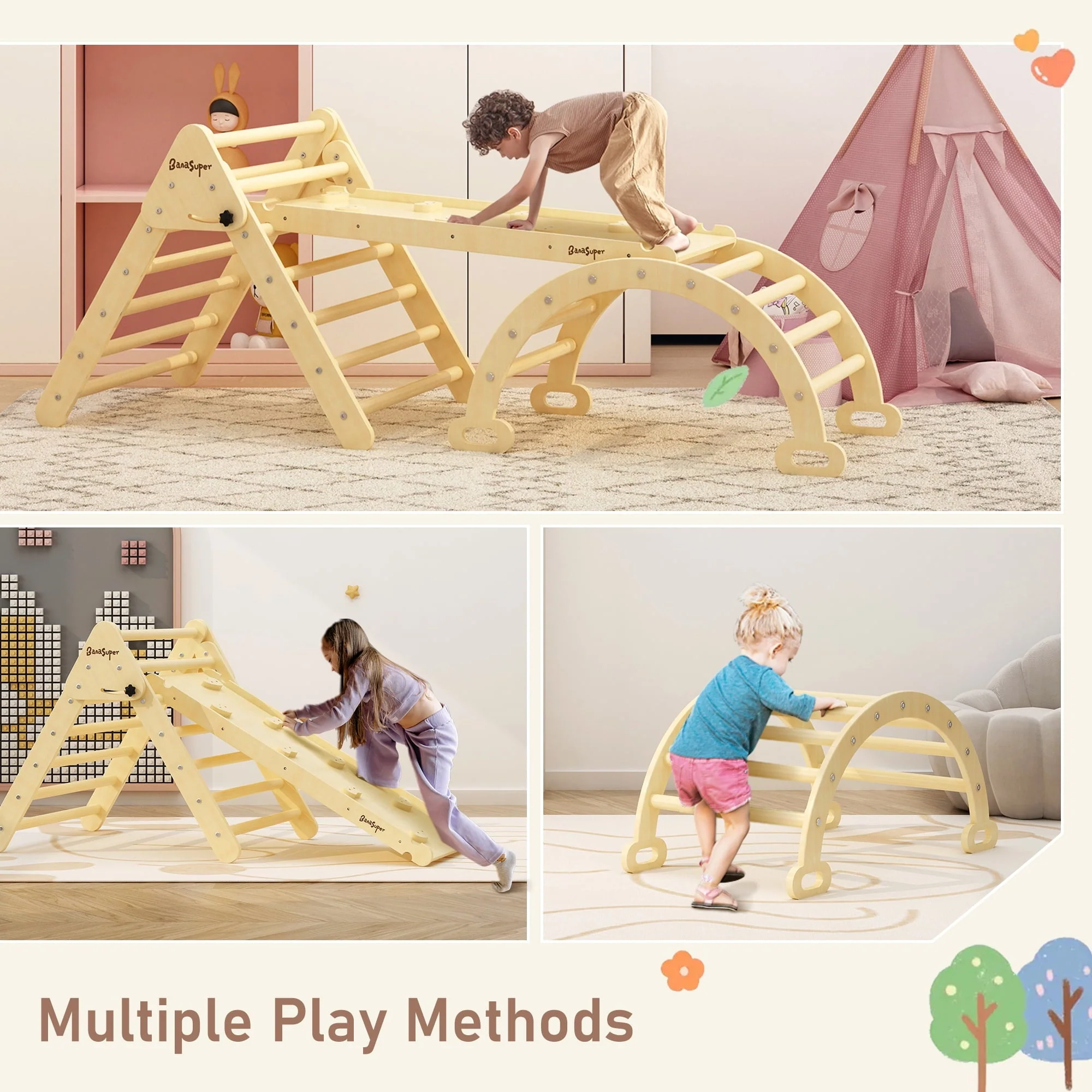 BanaSuper Large 3 in 1 Climbing Triangle Ladder with Ramp & Arch Foldable Wooden Climbing Triangle Set Montessori Climbing Toys for Baby Ourdoor Indoor Playground Play Gym Gift for Boys Girls - Image 5