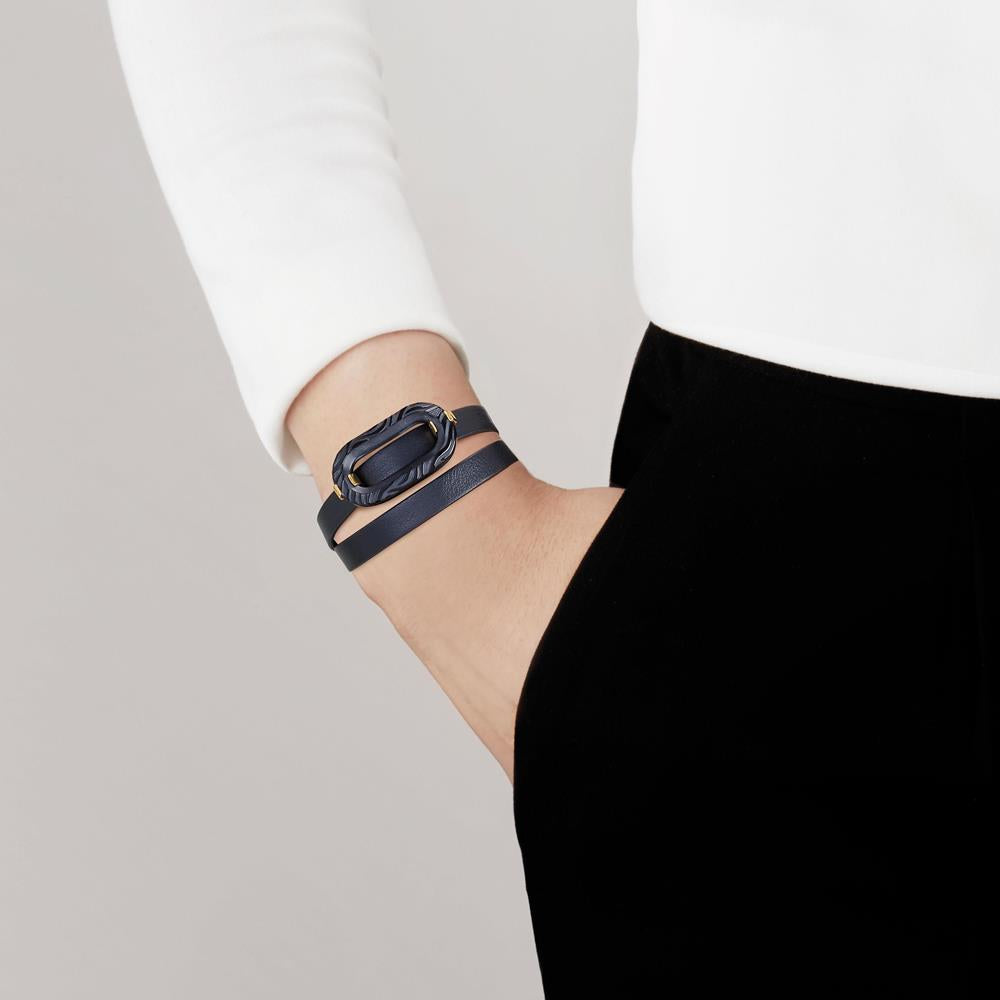 BRACELET CUIR EMPREINTE ANIMALE - CRISTAL NOIR, LAITON PLAQUÉ OR JAUNE 18 CARATS