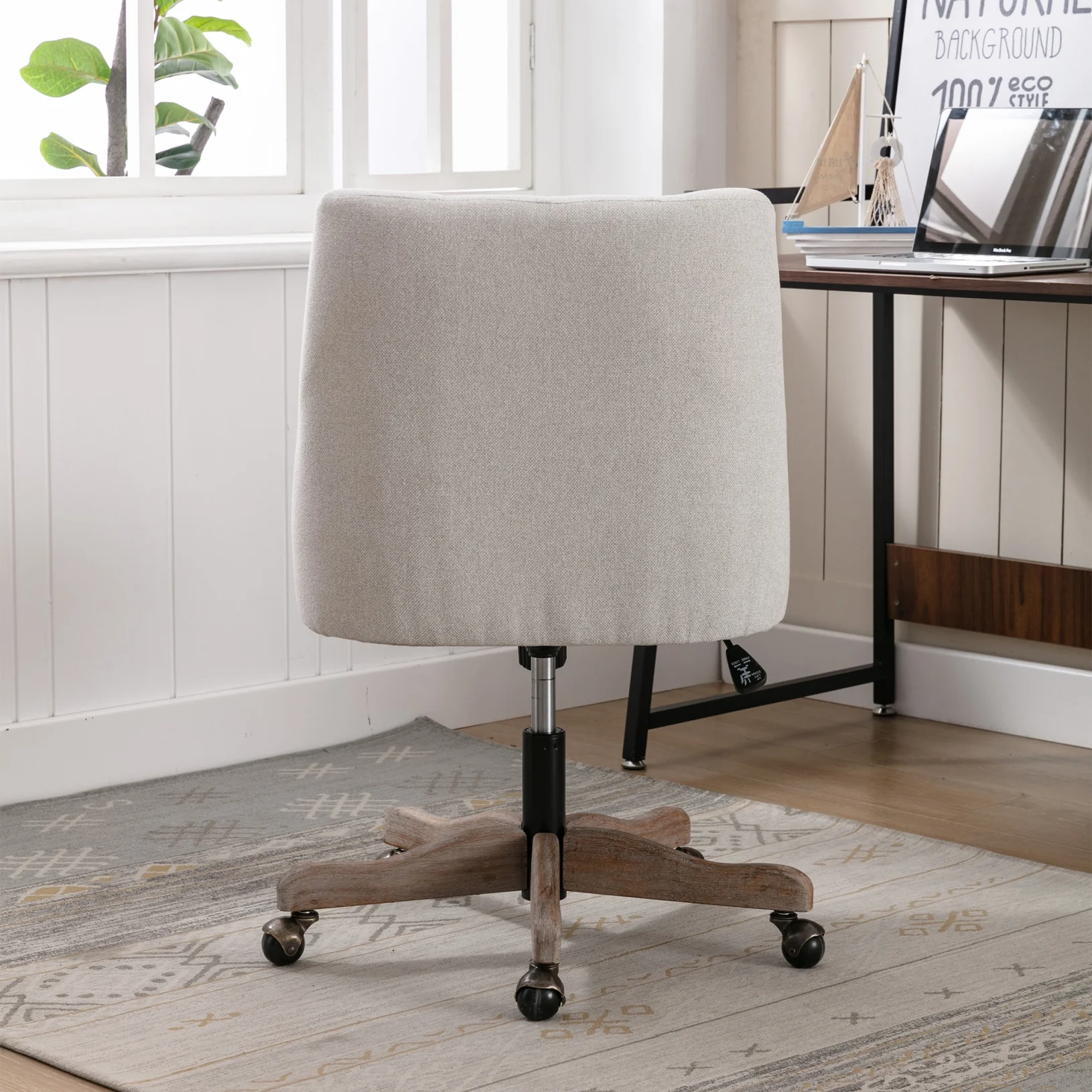 360 Degree Swivel Office Desk Chair, Upholstered Leisure Vanity Chair with Solid Wood Base and Wheels, Adjustable Height Computer Chair for Bedroom Living Room, Brown - Image 13
