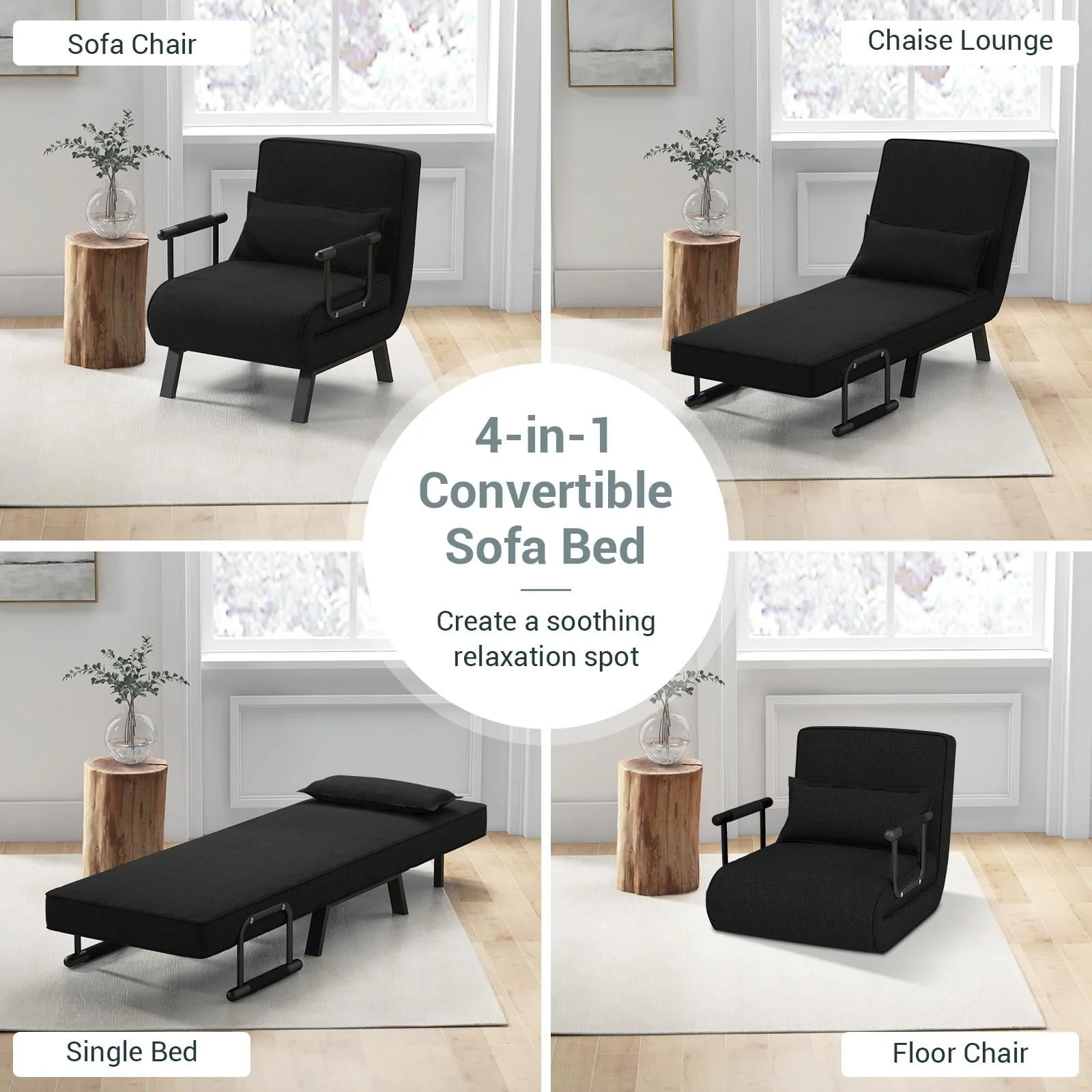 Giantex Convertible Sofa Chair Bed, Leisure Recliner Sleeper w/ 6 Adjustable Position Backrest into Lounge Seat, Folding Sofa Bed w/High Elastic Sponge, Durable Steel, Ideal for Home, Office (Black) - Image 2