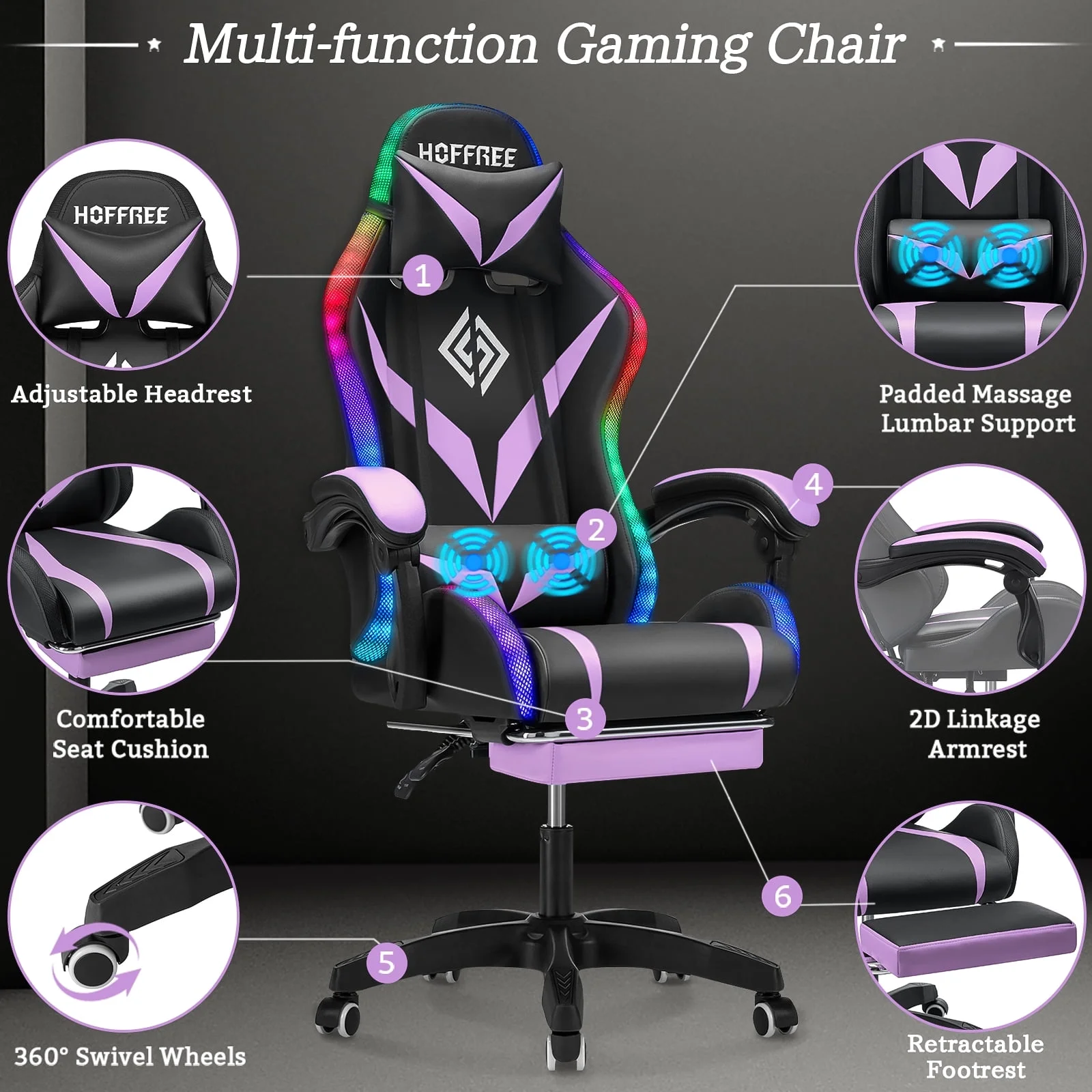Hoffree Gaming Chair with Speakers PU Leather Office Chair with Footrest and LED Lights Ergonomic Gamer Chair with Massage Lumbar Support and Headrest Adjustable Swivel for Home Office 300lb - Image 47