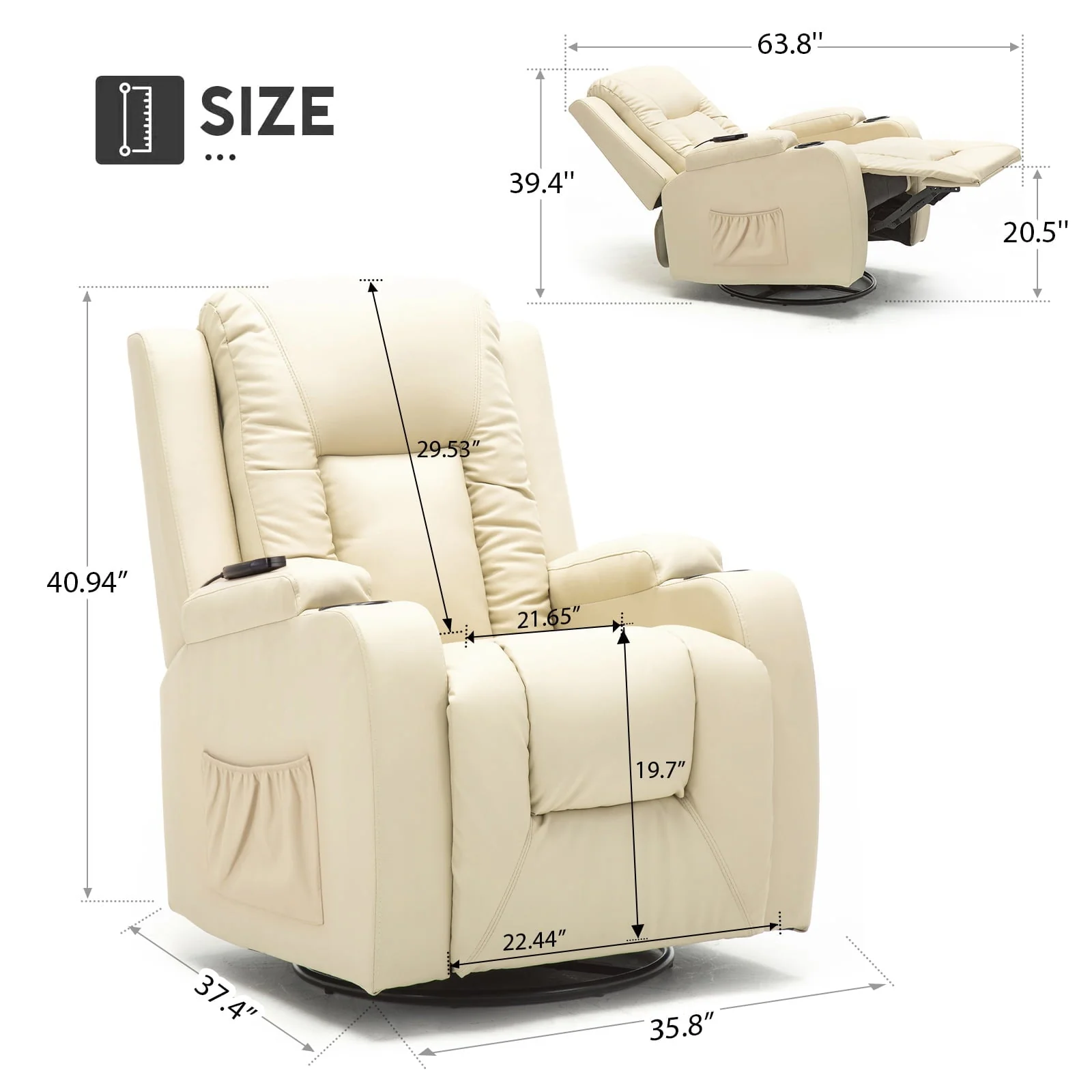 ComHoma Massage Recliner Chair with Heated Massage PU Leather Chair, Cream White - Image 8