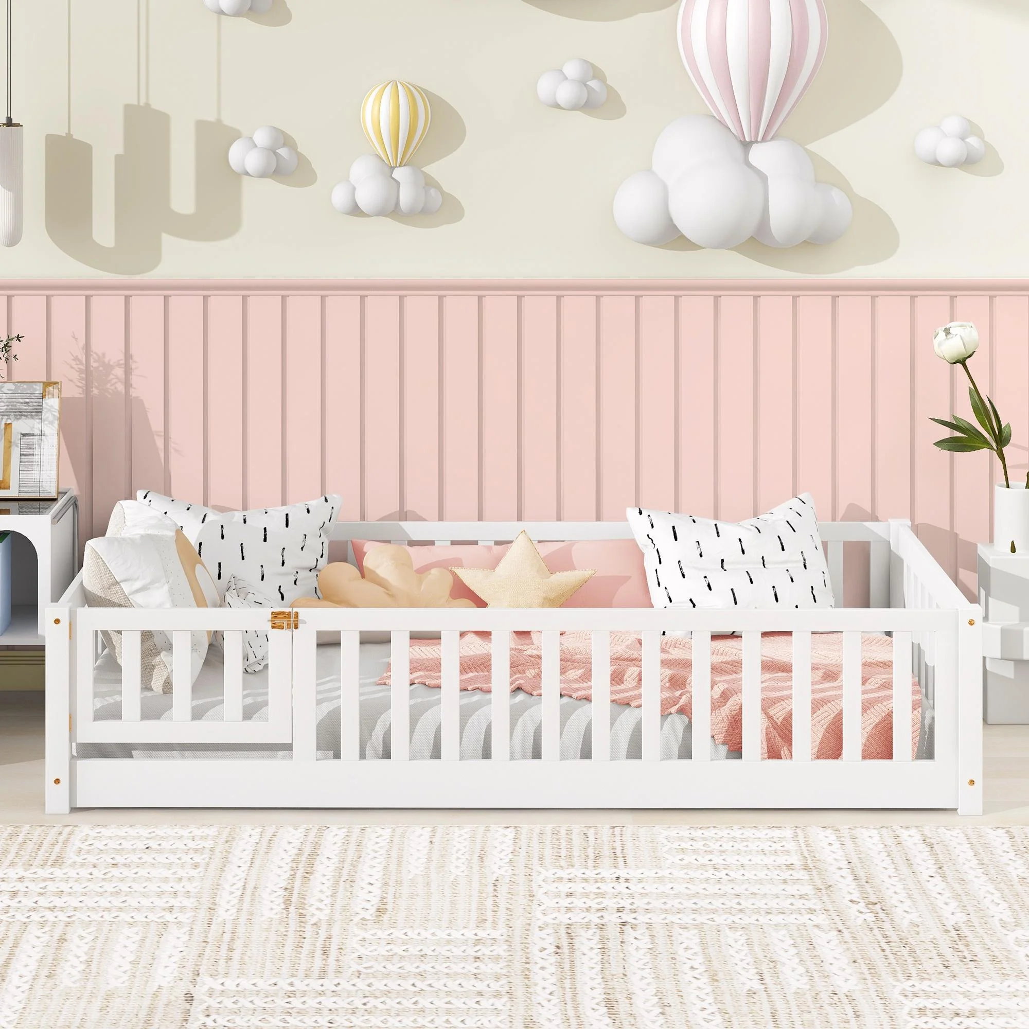 UHOMEPRO Twin Size Floor Bed with Door and Fence, Montessori Floor Bed with Slats and Safety Guardrails, Solid Wood Twin Bed Frame for Bedroom, White - Image 12