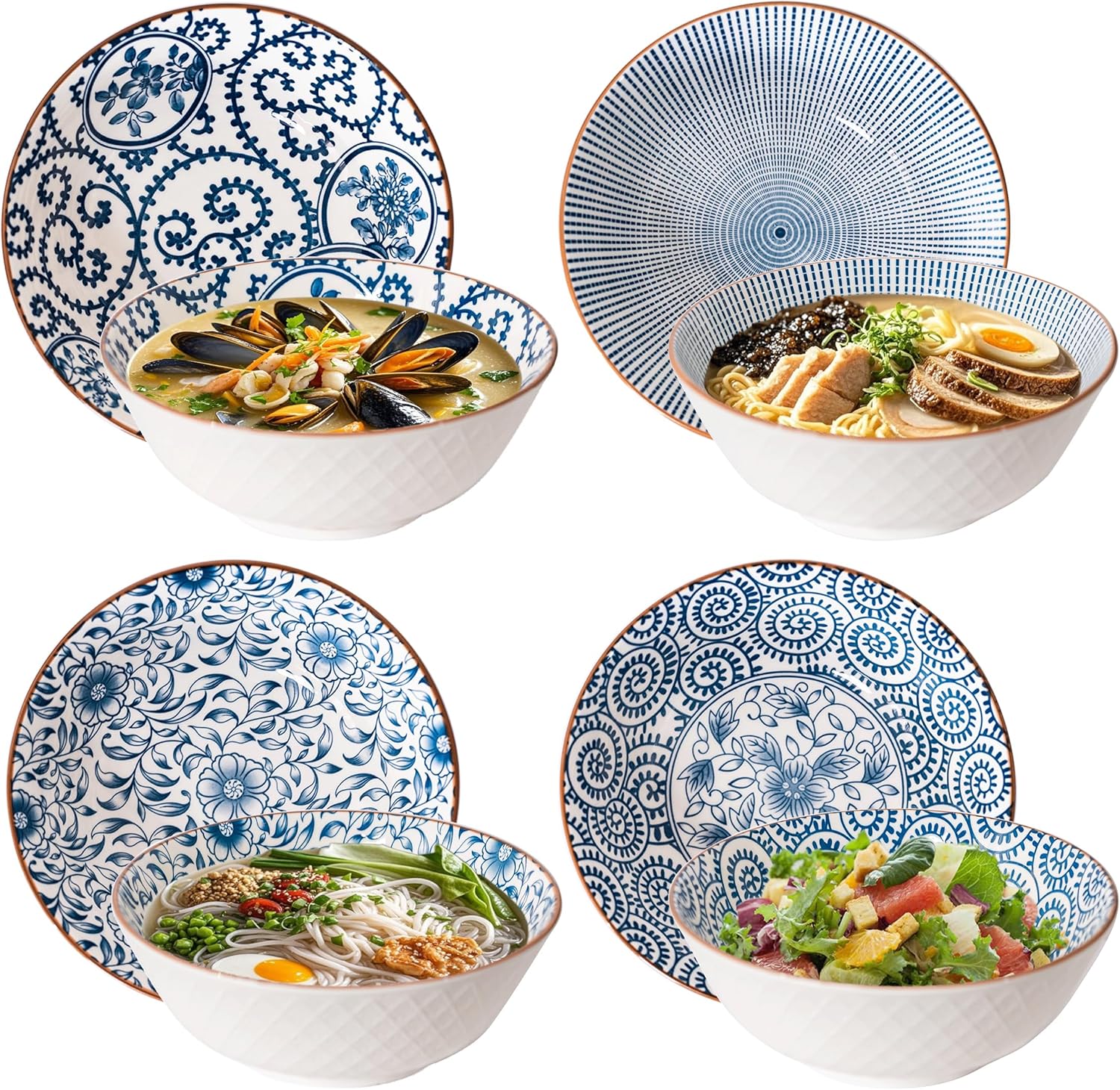 Ramen Bowls Set of 4, 40 oz Ramen Bowls, 8 Inch Ceramic Noodle Bowls for Pho, Soup & Udon, Blue and White Japanese Style, Microwave & Dishwasher Safe