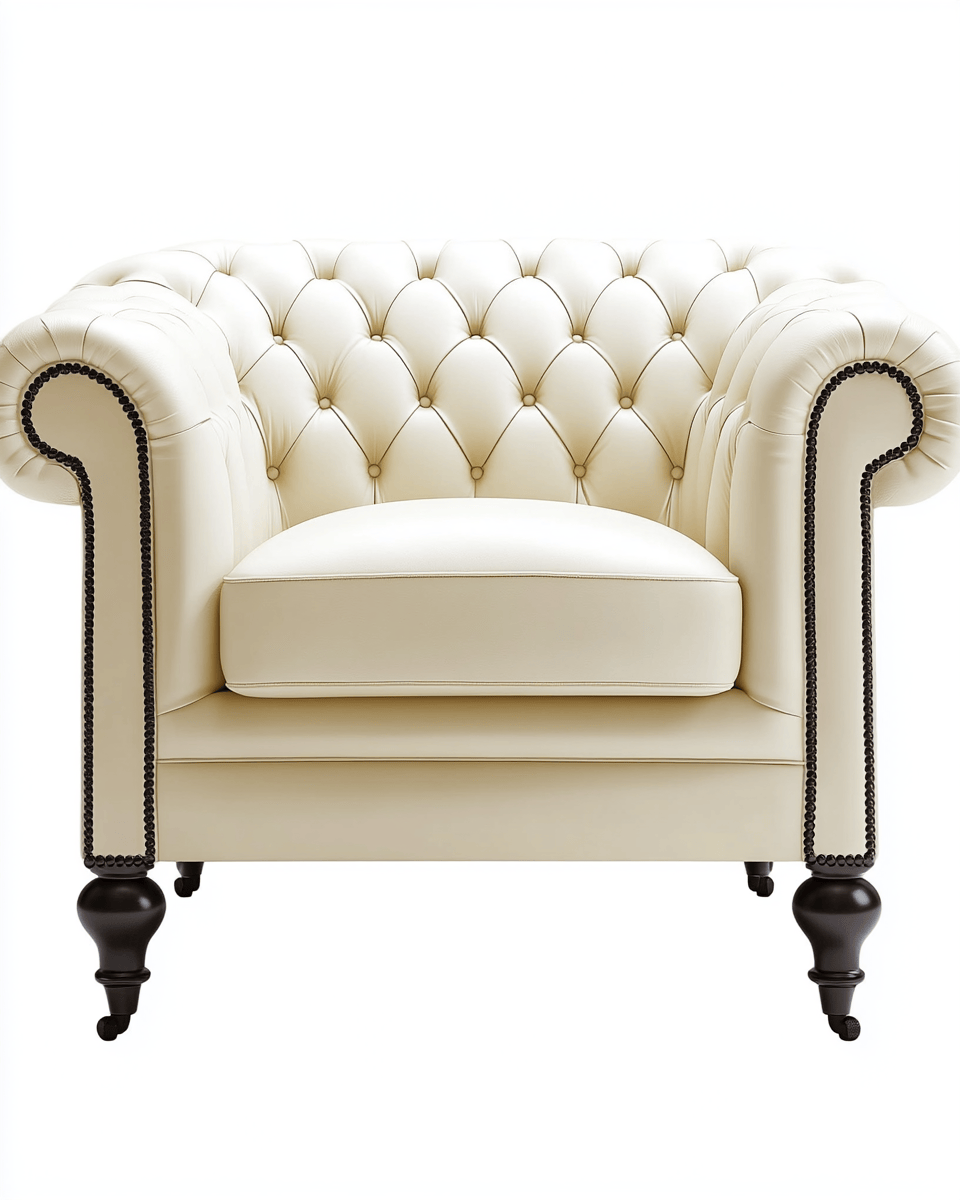 Sillón estilo Chesterfield – piel sintética color crema – con respaldo capitoné y patas torneadas