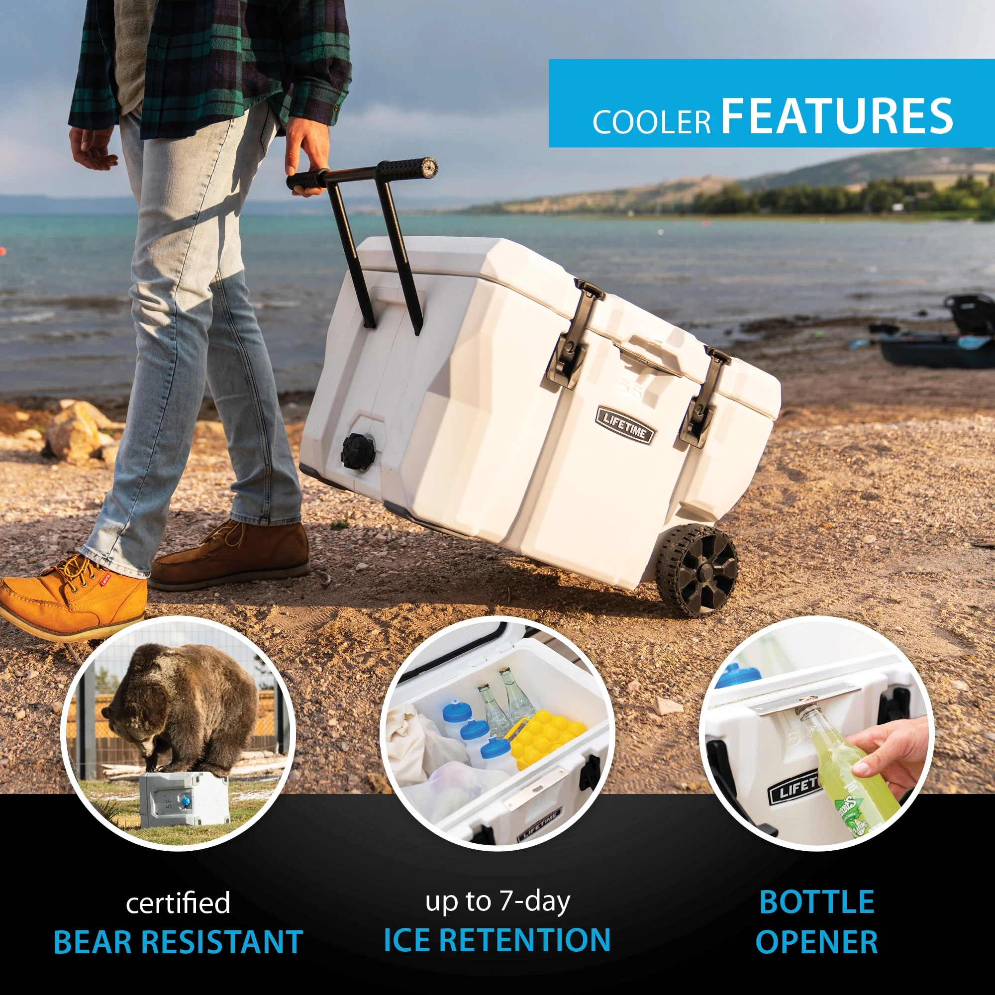 Lifetime 55 qt Bear-Resistant Camping Cooler Wheeled, Premium High Performance, Ice Retention, Hard Cooler, 60 Can Capacity, White (91072) - Image 5
