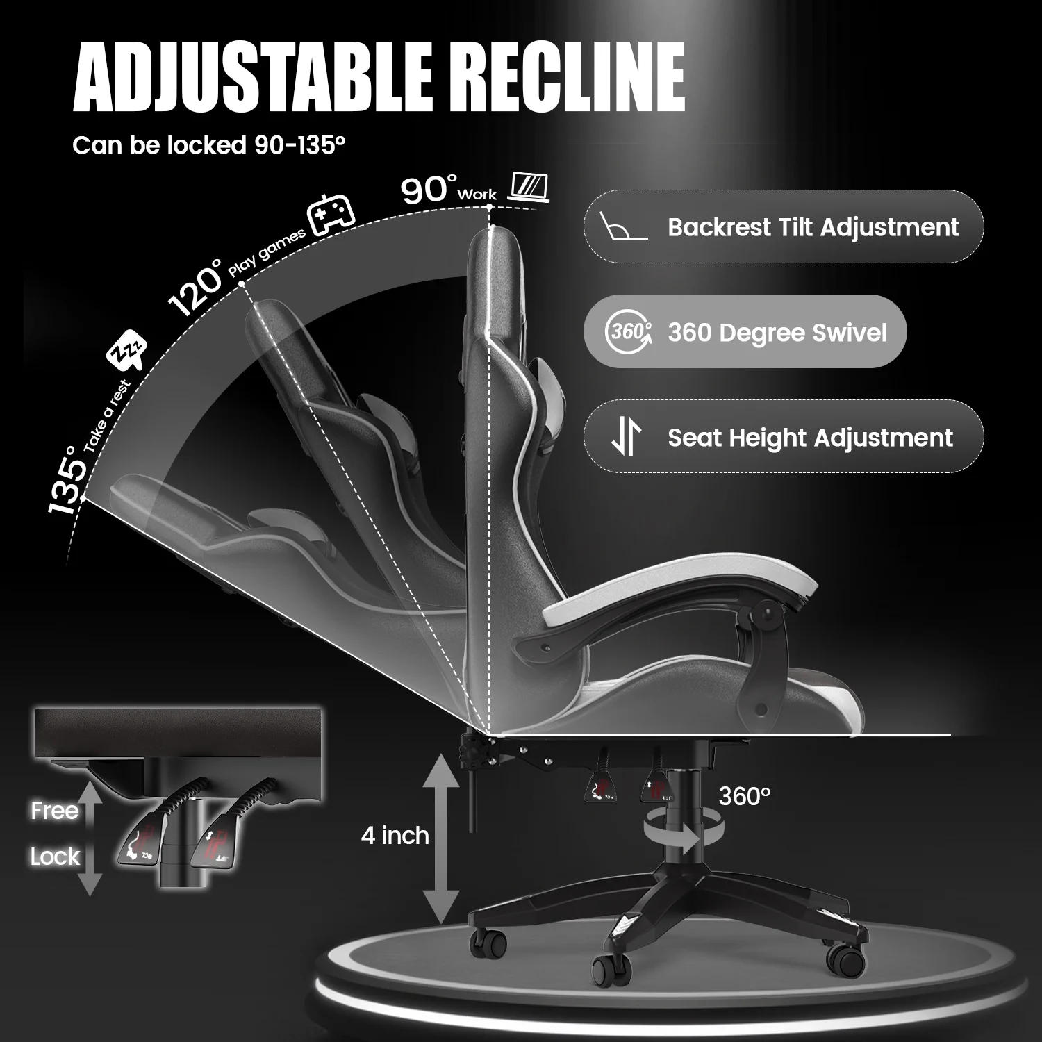 Bigzzia Gaming Chair Office Chair, Ergonomic Game Chair with Height Adjustable Headrest and Lumbar Support for Adults Teens, Black & White - Image 8