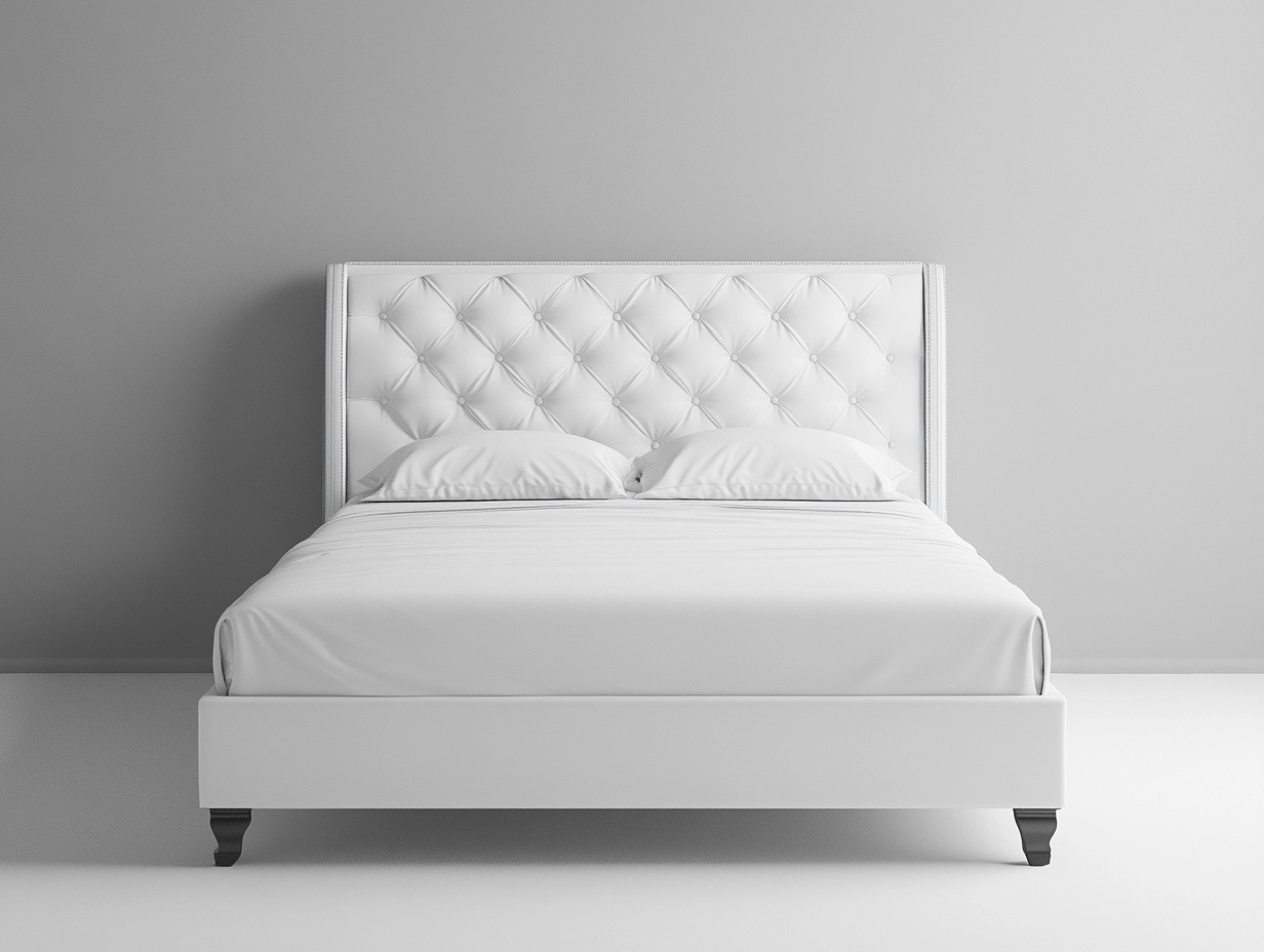 Cama tapizada blanca con cabecero capitoné