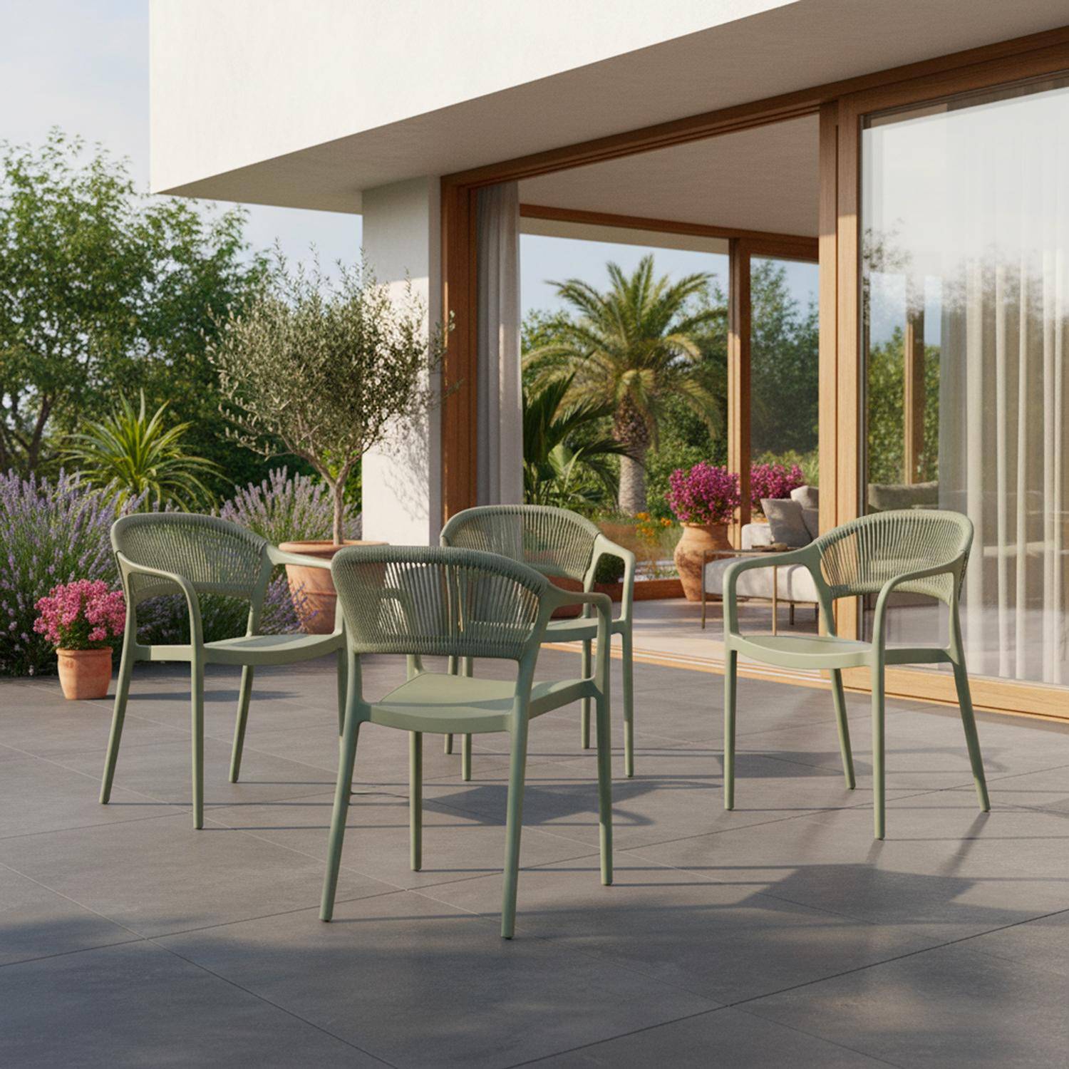 Jovia - Silla de jardín apilable con efecto cuerda, set de 4
