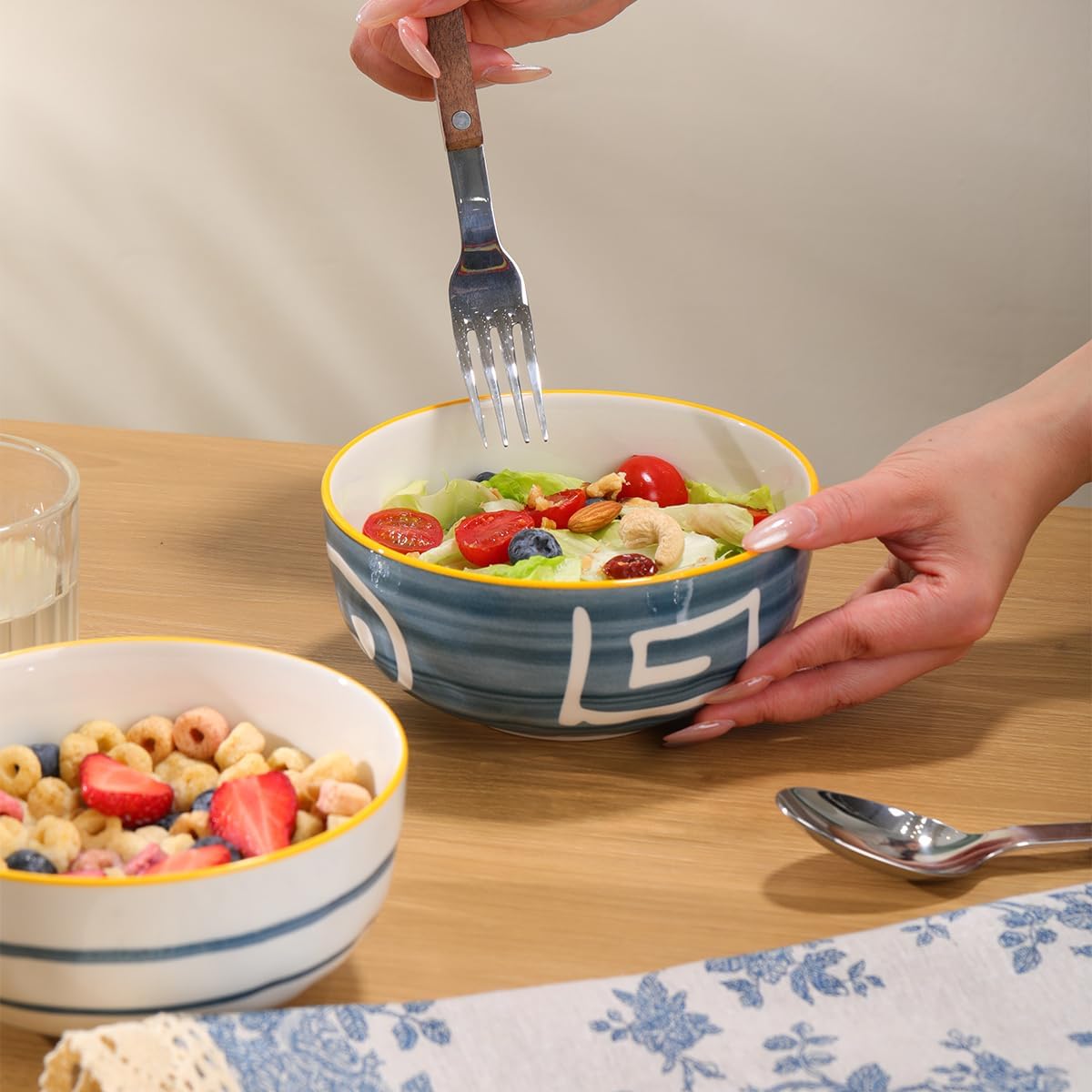 Yeacccng Japandi Cereal Bowls Set of 4, 6 Inch 27 Oz Blue Striped Ceramic Soup Bowls, Lead-Free Cadmium-Free, Dishwasher Microwave Oven Safe, Scratch-Resistant Serving Bowls