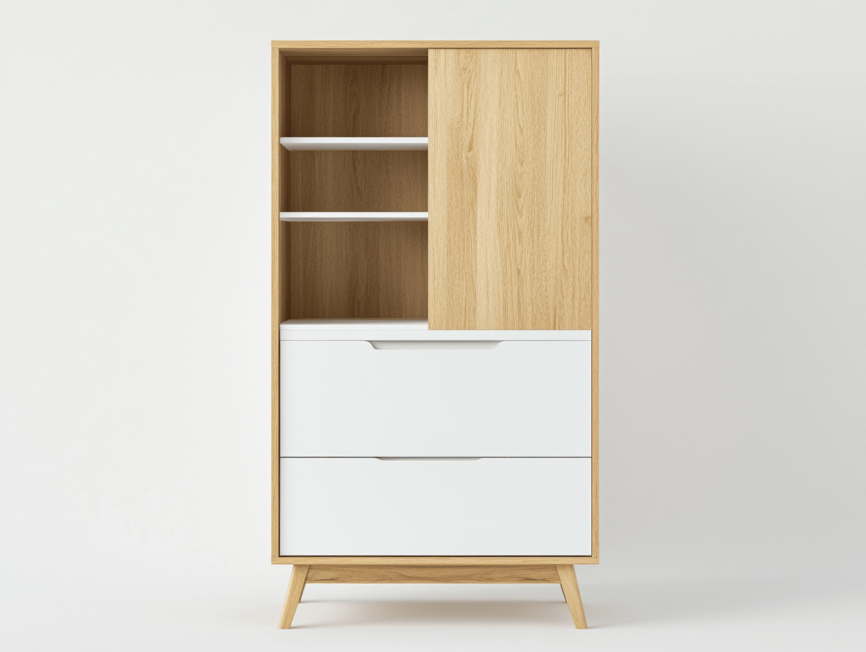Armario auxiliar 170×65 cm – blanco y roble – con puerta parcial y 2 cajones inferiores