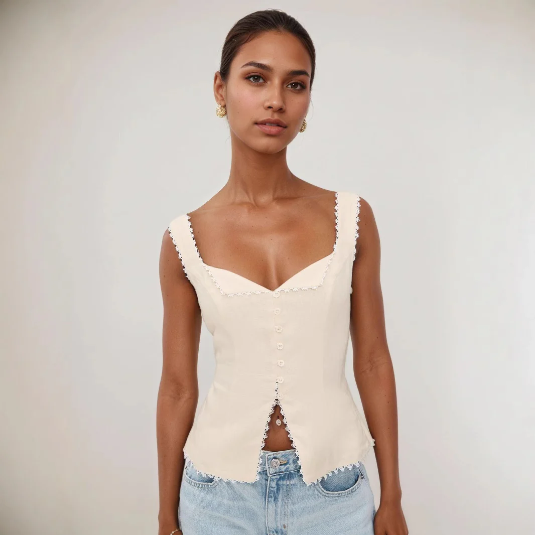 Women's French retro cotton and linen lace splicing fashion breasted suspenders solid color sleeveless vest top summer - Se7enfashion