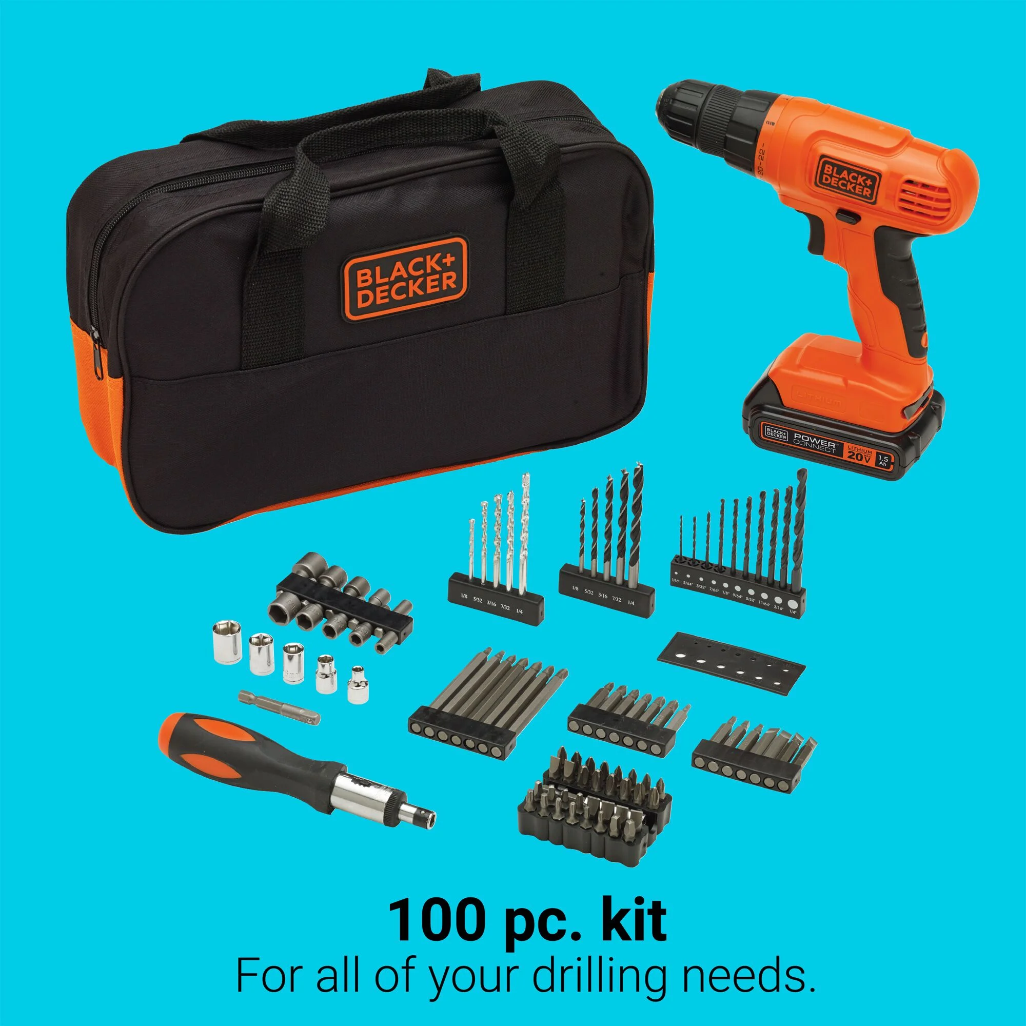BLACK+DECKER 20V Cordless Drill, 1.5 Amps, 100 Piece Set, Battery and Charger Included - Image 6