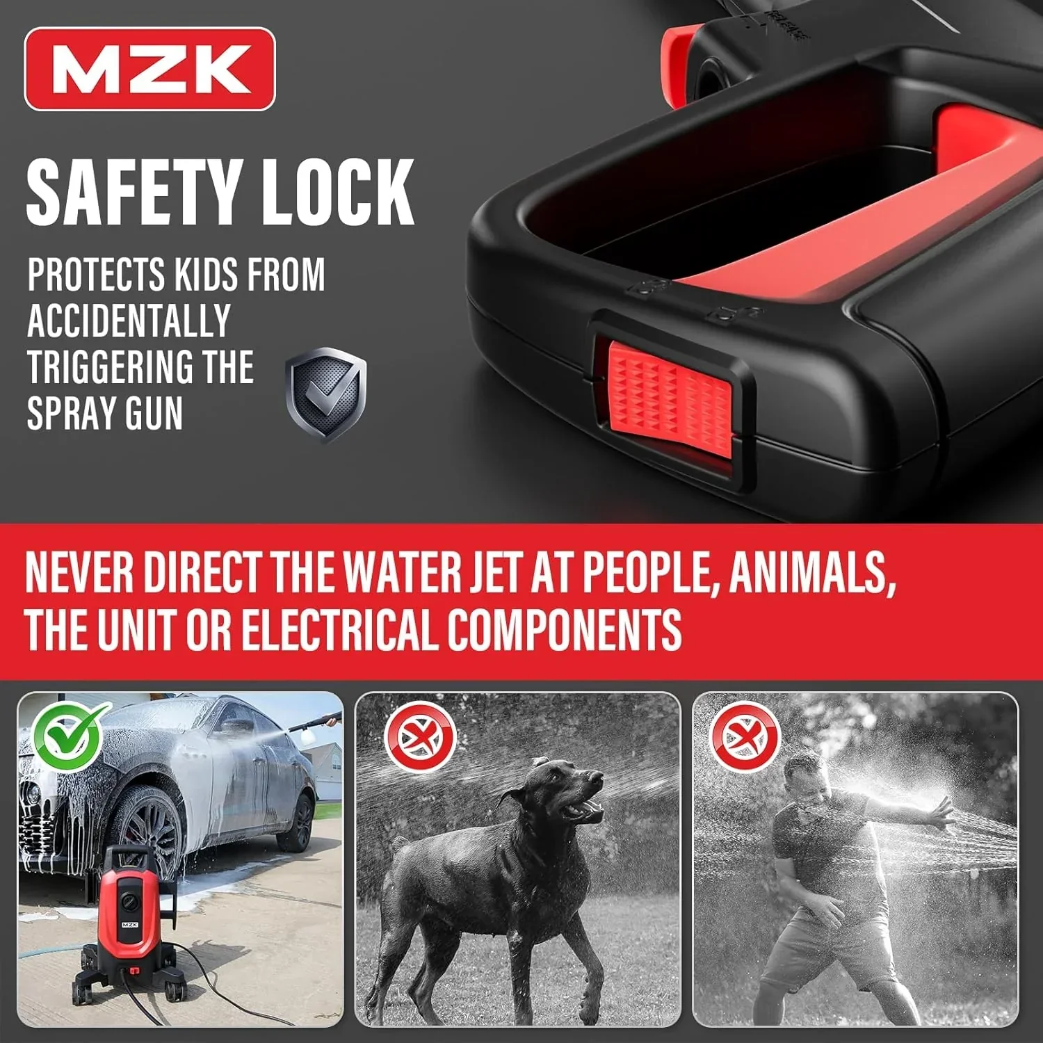 MZK electric high-pressure cleaner with 360° quick-connect nozzle and replaceable foam cannon