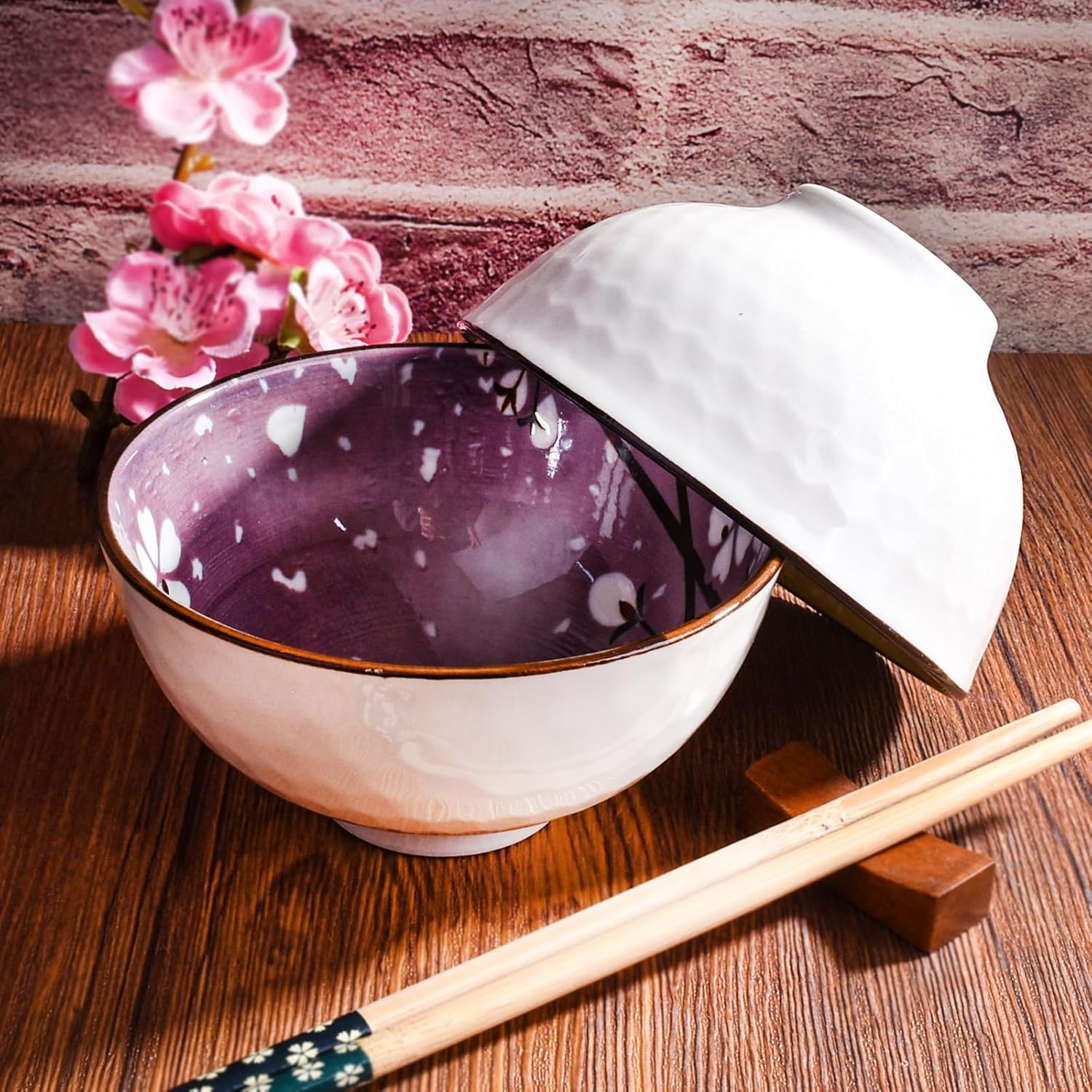 Japanese Cherry Blossom Ceramic Rice Bowl Set with Chopsticks Set of 2, Purple and Green
