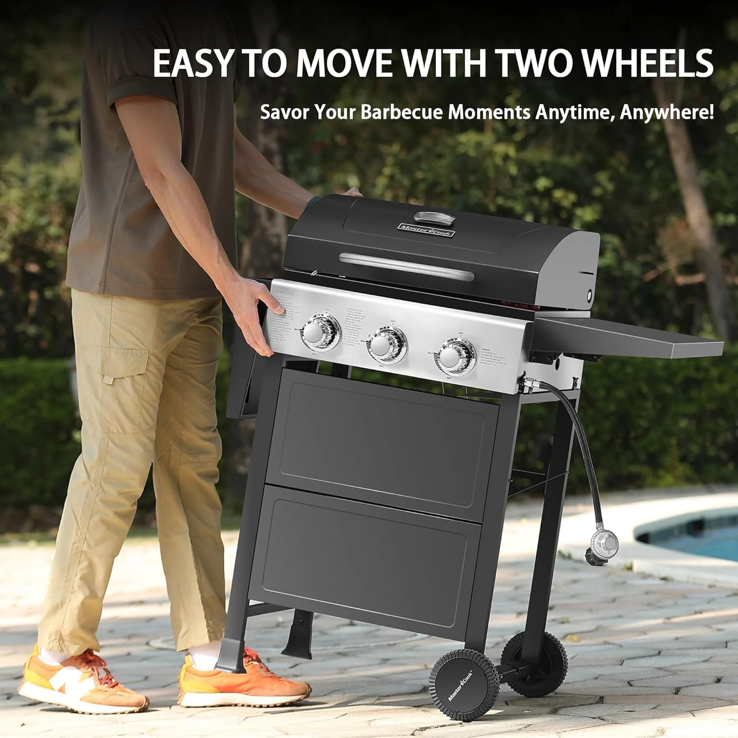 3 Burner BBQ Propane Gas Grill, Stainless Steel 30,000 BTU Patio Garden Barbecue Grill with Two Foldable Shelves