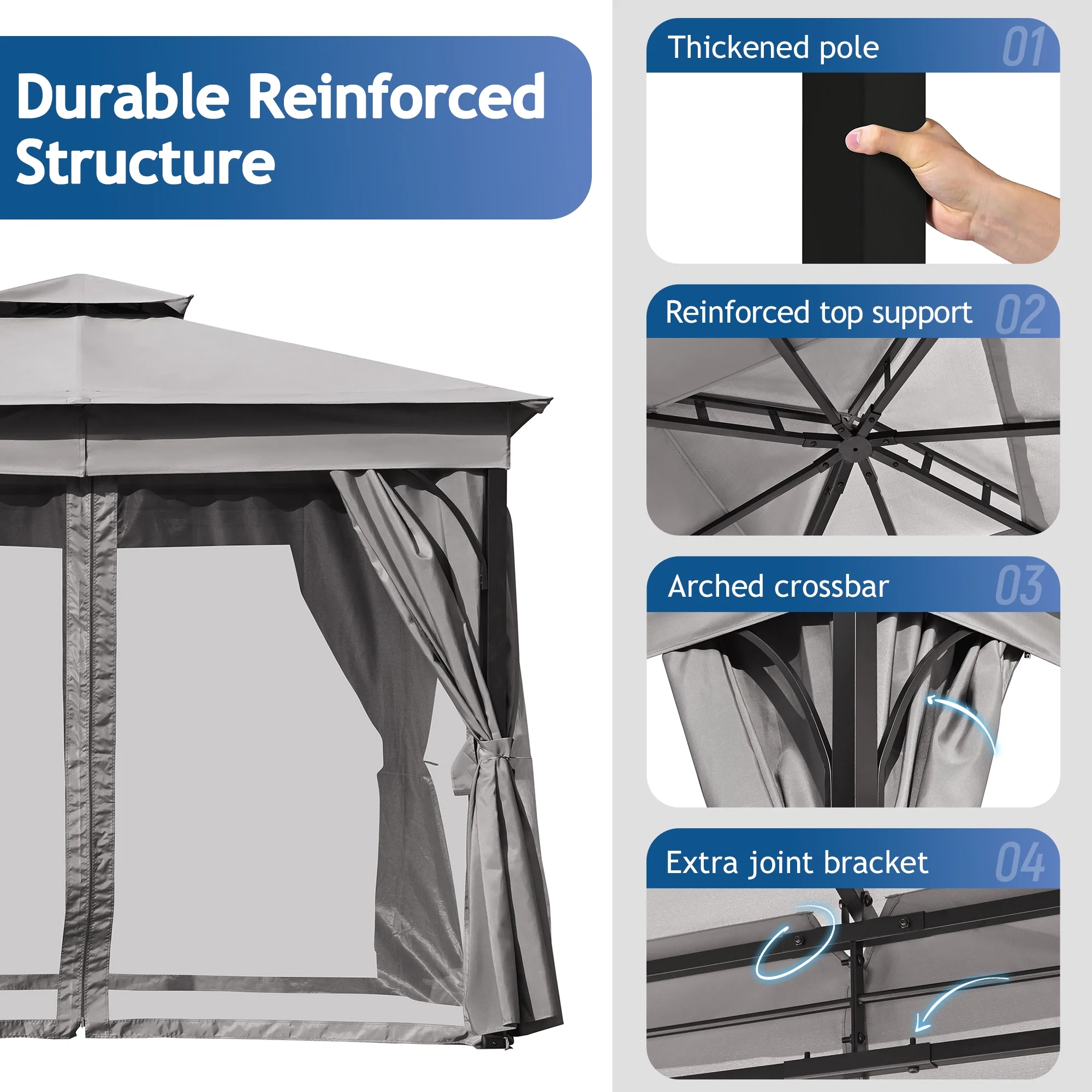 10'x10' Outdoor Gazebo,Patio Gazebo with Mosquito Netting and Privacy Screens for Backyard, Garden, Lawn and Deck,Grey - Image 5