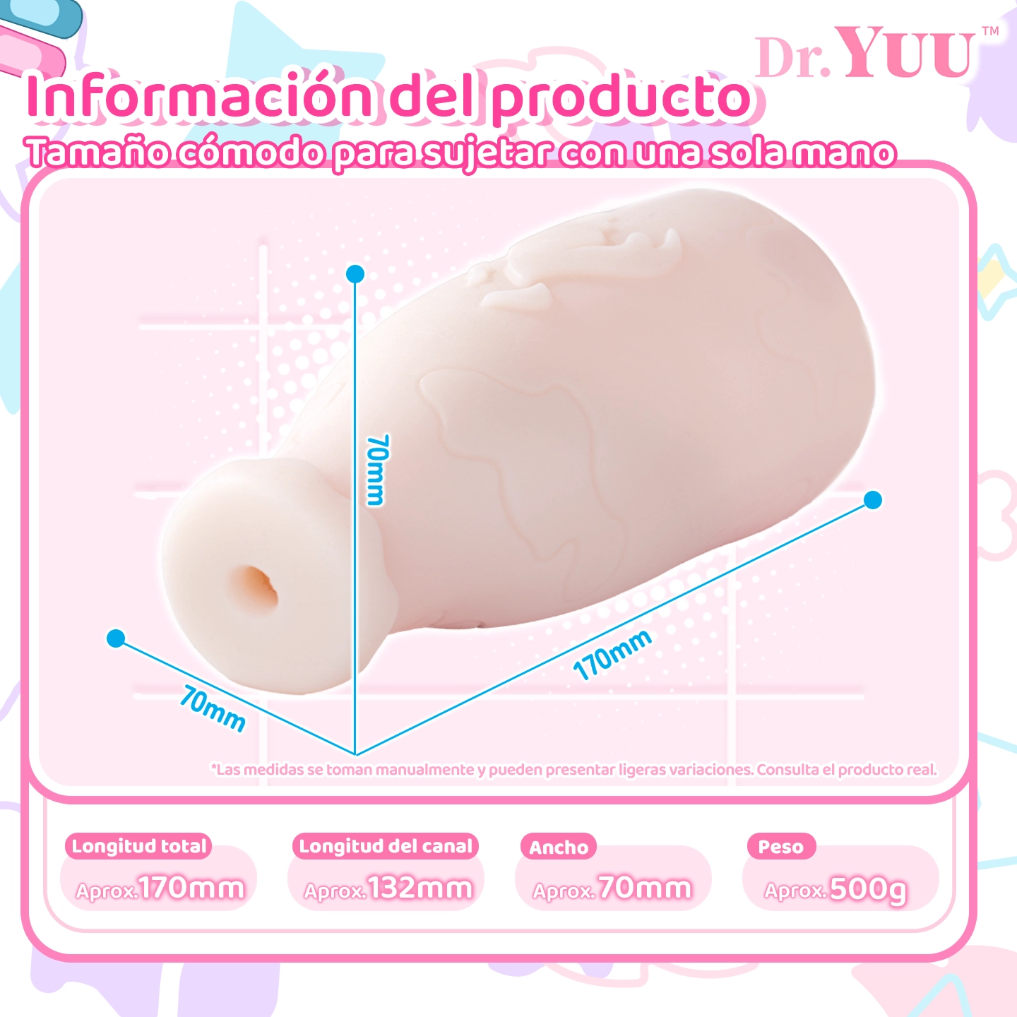 Especificaciones de un masturbador calefactable Dr.YUU: 170 mm de largo, 132 mm de longitud interna, 70 mm de ancho y aproximadamente 500 g.