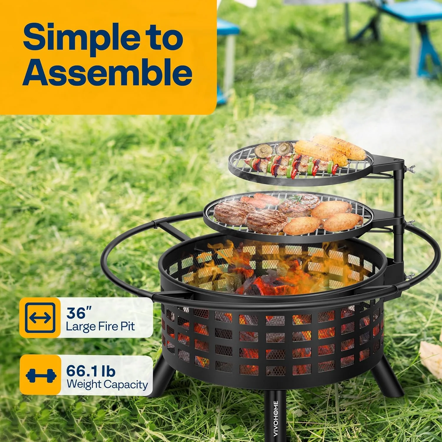 SPECSTAR 3-in-1 Fire Pit-35 in Wood Burning Firepits with Cooking Grill Grate & Charcoal Pan & Cover Lid, Metal Table for Backyard Bonfire BBQ Outdoor Camping Picnic - Image 13