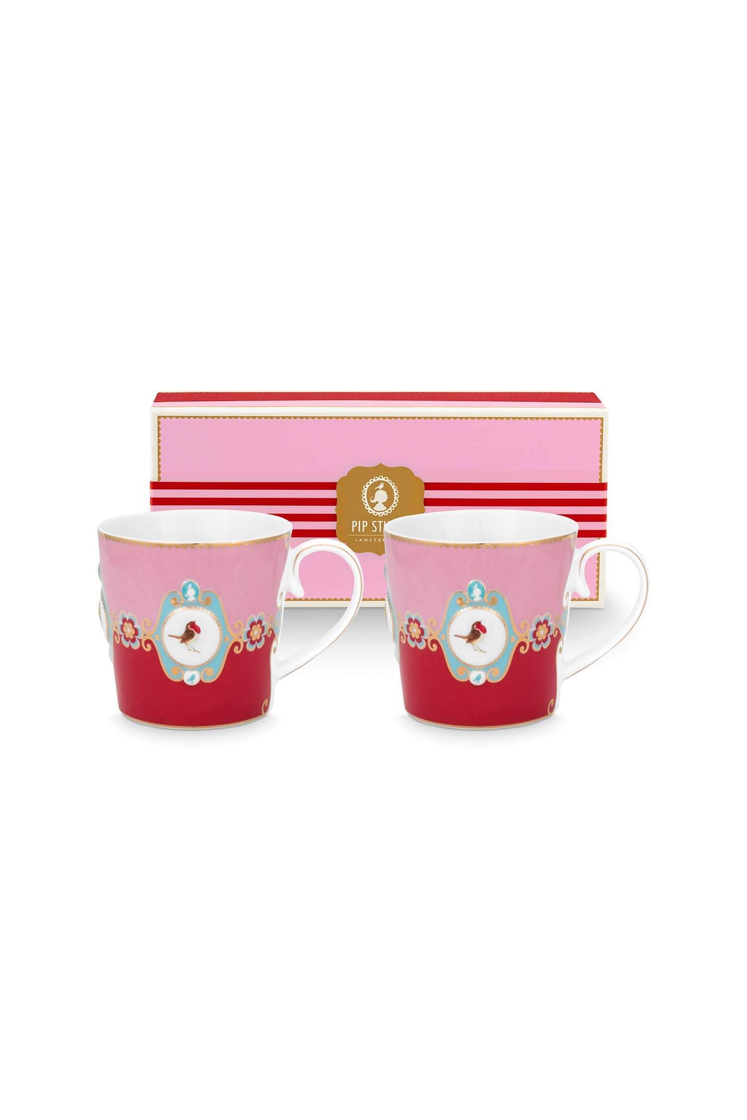 Set/2 Mugs Large Love Birds Medallion Red-Pink