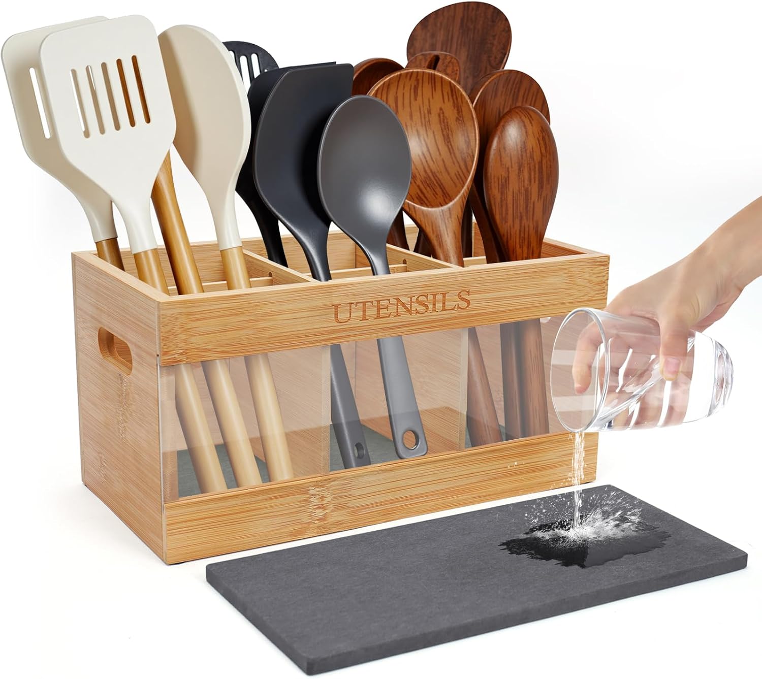 yazi Extra Large Bamboo Utensil Holder for Kitchen Counter - 6 Compartment Silverware Organizer with Natural Drying Stone, Rustic Farmhouse Decor for Home Chefs