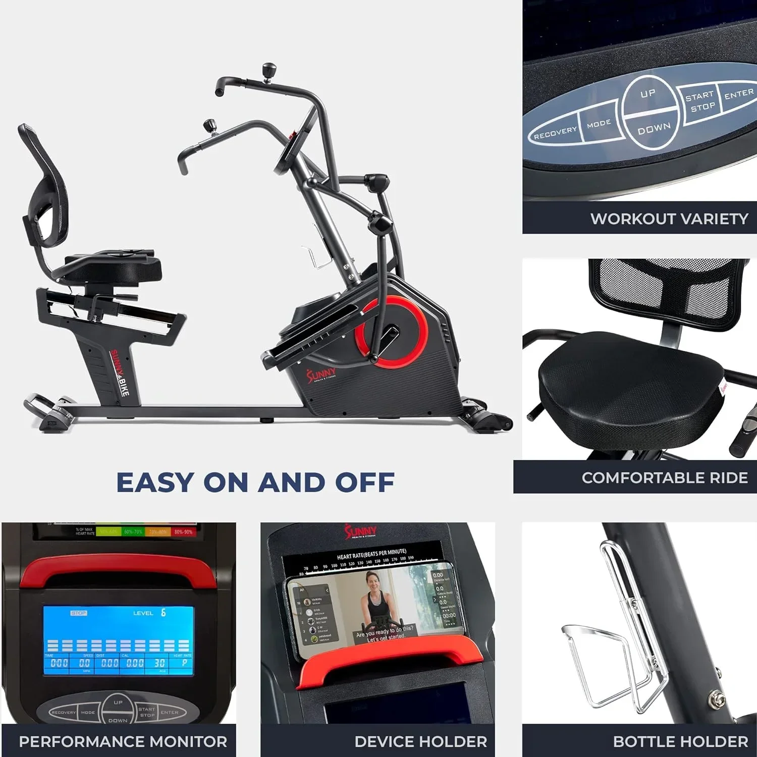 Sunny Health & Fitness Electromagnetic Recumbent Cross Trainer Elliptical Bike With Arm Exercisers - SF-RBE4886SMART - Image 5 Sunny Health & Fitness Electromagnetic Recumbent Cross Trainer Elliptical Bike With Arm Exercisers - SF-RBE4886SMART - Image 5