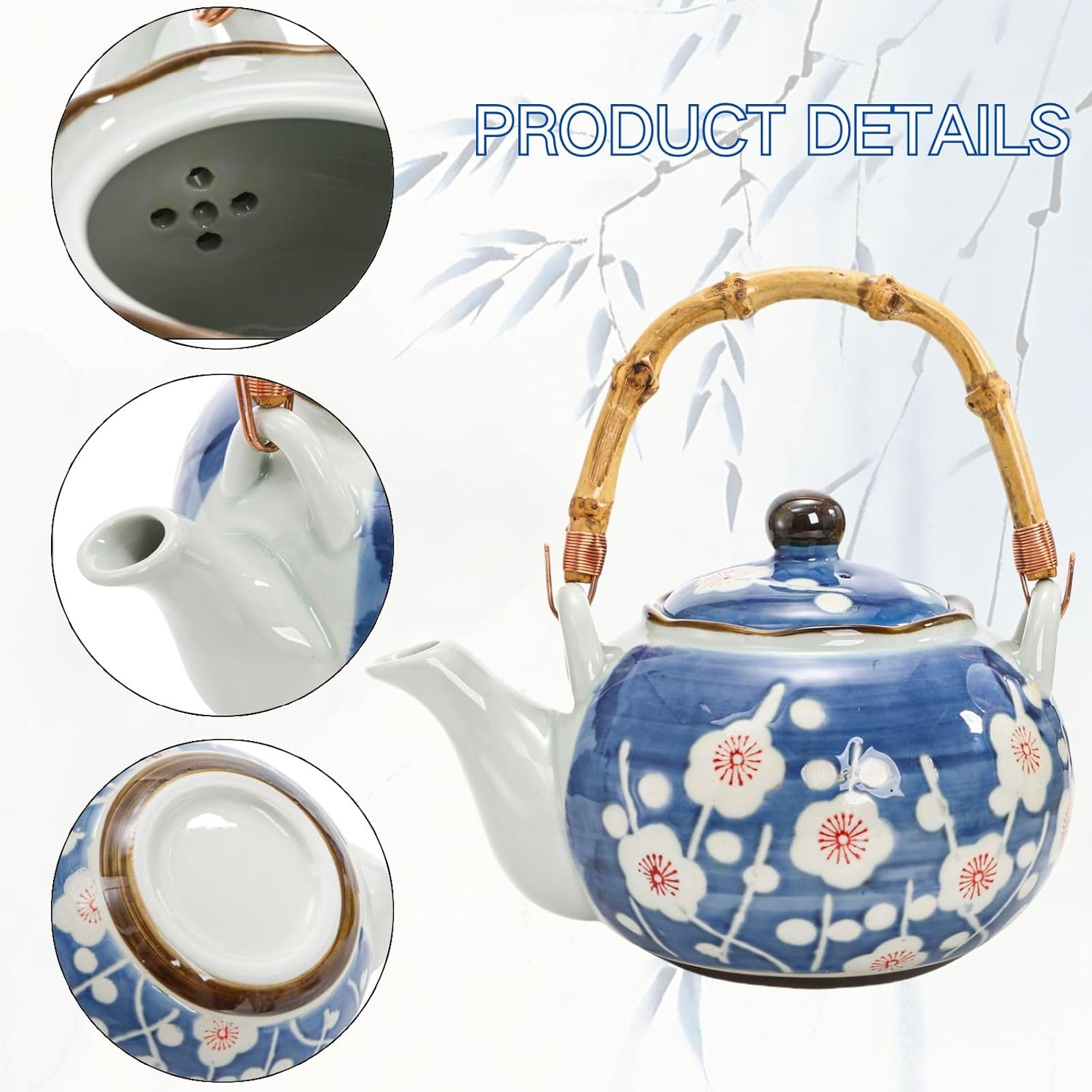 Japanese Tea Set, Ceramic Floral Tea Pot and 4 Pieces Cups with Infuser Bamboo Handle, Traditional Bone China Teapot Kit Gift for Coffee, Water, Home, Office
