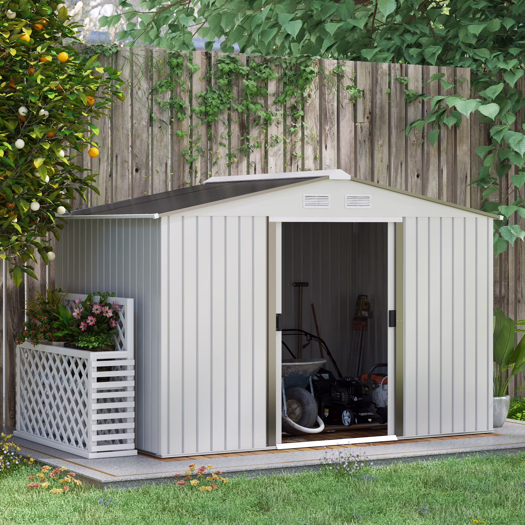 Outsunny 7' x 4' Metal Storage Shed Organizer, Garden Tool House with 4 Vents and 2 Sliding Doors for Backyard, Patio, Garage, Lawn, Dark Gray - Image 11