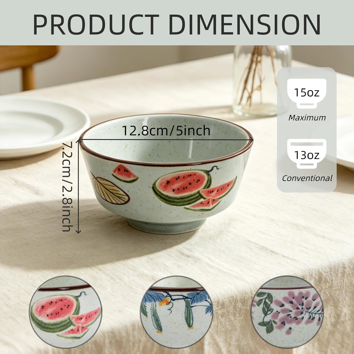 ZAVOOS 6 Pack Retro Ceramic Bowl, 15 Oz Japanese Style Soup Bowls for Kitchen, Hand-Painted Asian Cereal Bowl Dinnerware Set for Serving Rice, Ramen, Pasta, Oatmeal, Dishwasher Microwave Safe