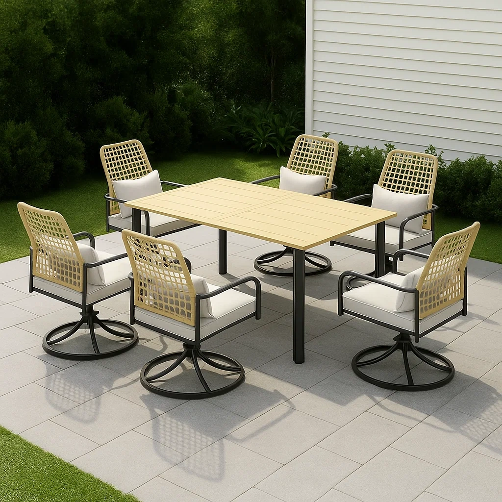 Conjunto de comedor de terraza,mesa rectangular con 6 sillas,negro,acero y tela,adecuado para jardín