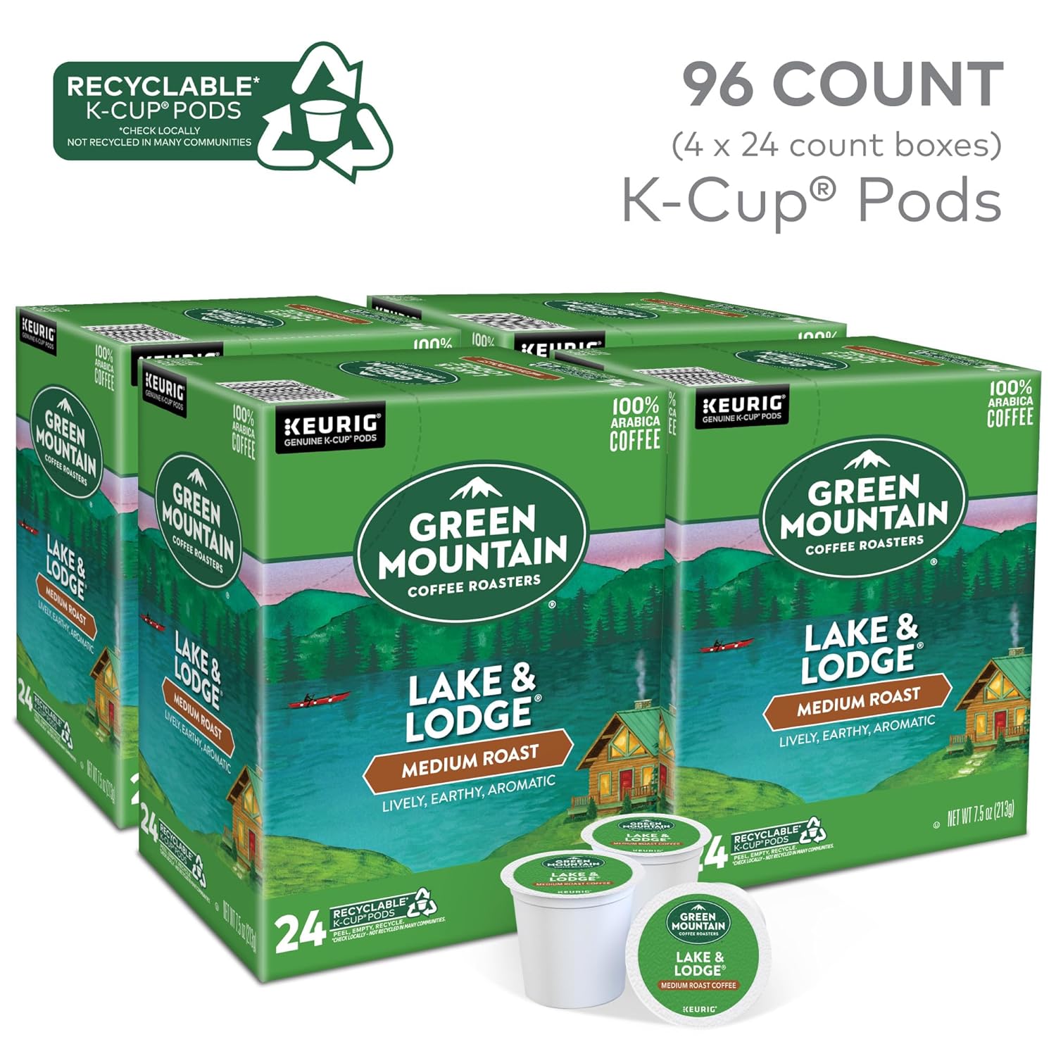 Green Mountain Coffee Roasters Lake and Lodge Blend Keurig Single-Serve K-Cup pods. Medium Roast Coffee. 96 Count