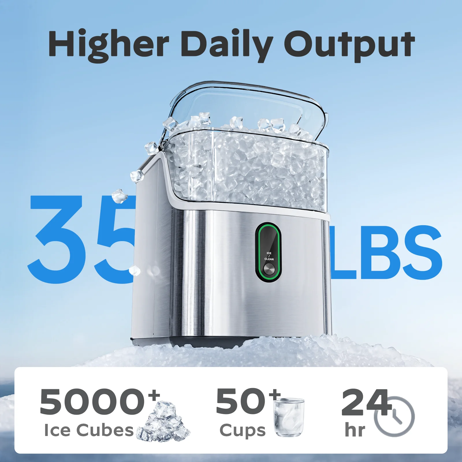 Philergo Nugget Ice Maker Countertop, Pebble Ice Maker Machine with Self-Cleaning, 35lbs/24hr, Soft Chewable Pellet Ice Maker for Home, Kitchen, Stainless Steel - Image 5