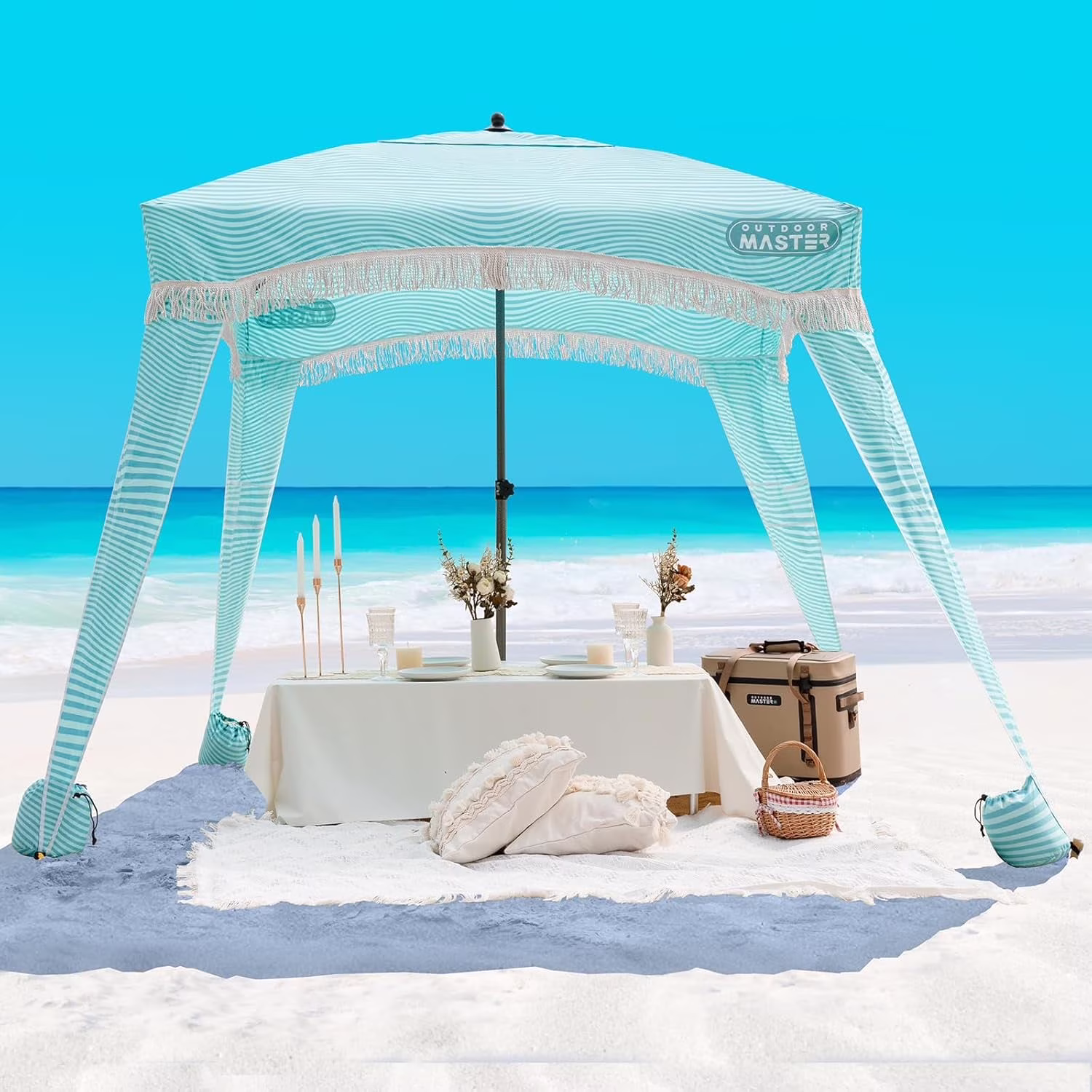 OutdoorMaster Beach Cabana with Fringe, Portable 6' x 6' Beach Canopy, Easy Set Up Beach Shelter, Included Side Wall, UPF 50+ UV Protection Sun Umbrella - for Kids, Family & Friends - Image 5