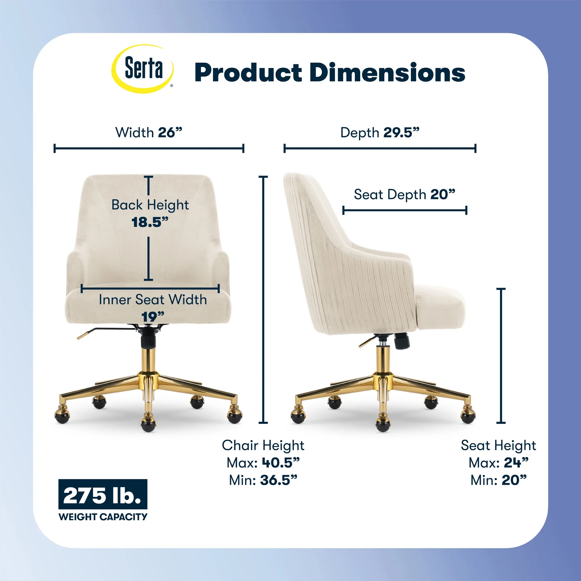 Serta Scarlett Modern Mid-Back Office Chair Velvet Fabric Gold Metal Base Pink - Image 17