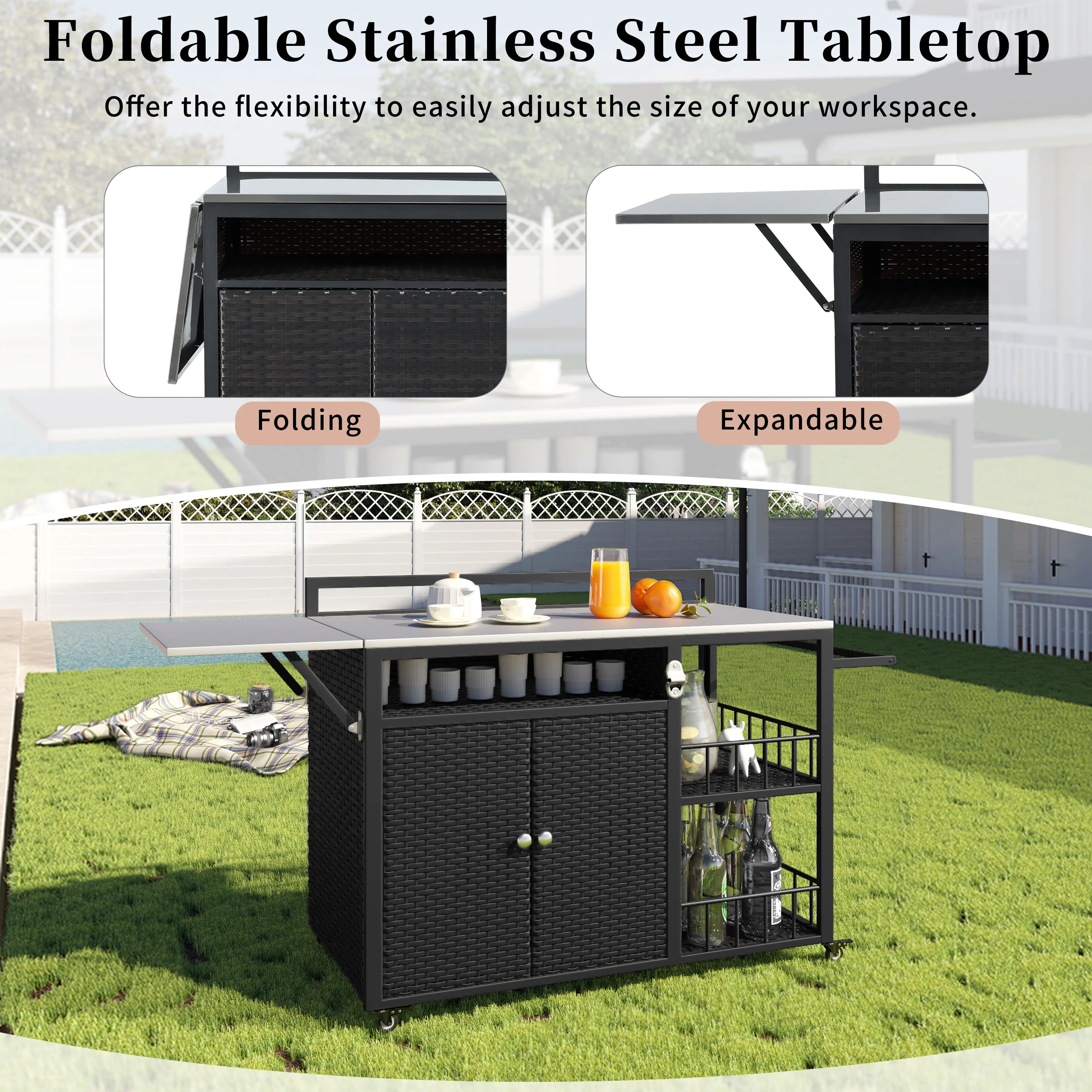 Euroco Outdoor Rolling Bar Cart with Foldable Stainless Steel Tabletop, Storage Cabinet, Bottle Opener & Lockable Wheels, PE Rattan Patio Kitchen Serving Station for BBQ & Entertaining - Image 3