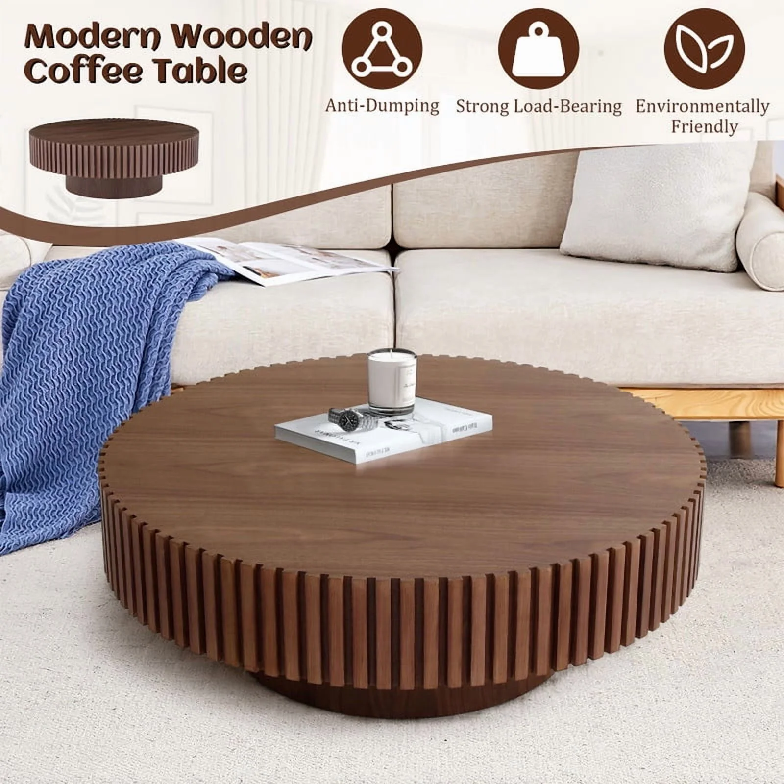 FFH 43.7 inch Oval Coffee Table for Living Room,Handcraft Rustic Corner Coffee Table Nature Wood Relief Sturdy Pedestal for Apartmen,Side Table Centre Table,Nature Wood - Image 31