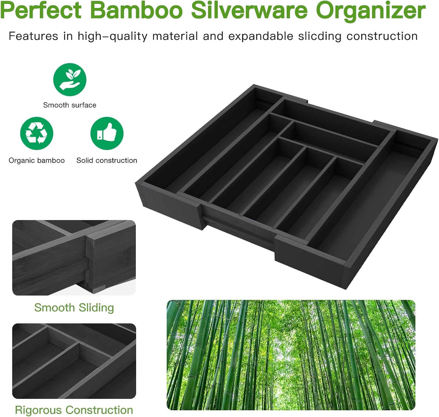 Pipishell Bamboo Expandable Drawer Organizer for Utensils Holder, Adjustable Cutlery Tray, Wood Drawer Dividers Organizer for Silverware, Flatware, Knives in Kitchen, Bedroom, Living Room (Black)