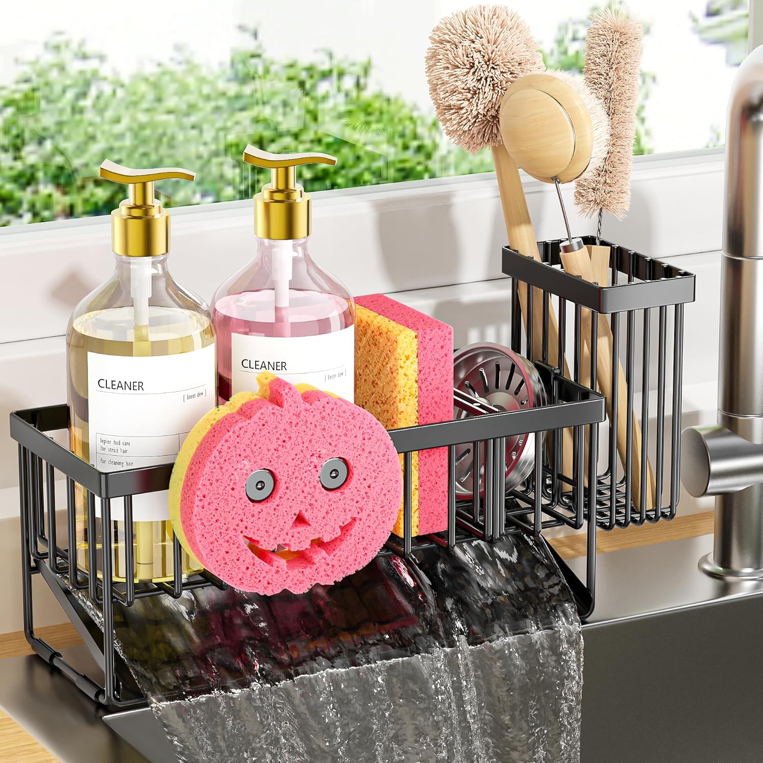 Cisily Large Capacity Kitchen Sink Caddy Organizer, Rustproof Non-Slip Sponge Holder With Dish Brush Holder Organizer, Kitchen Organization and Storage, Essentials Accessories for Countertop