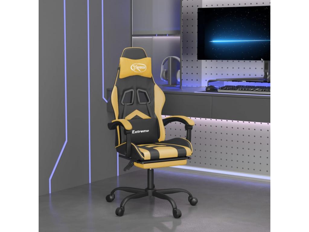 Silla gaming giratoria reposapiés cuero sintético negro dorado