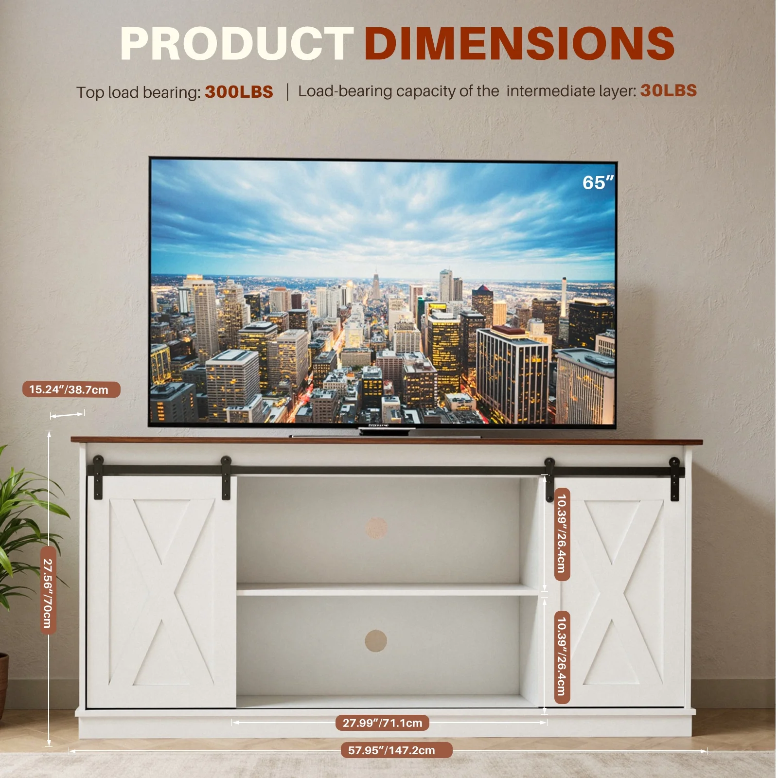 GIANNA TV Stand for Televisions up to 65 Inch, Entertainment Center with Sliding Barn Doors, Storage Cabinets and Media Shelves, Living Room Console Table, White - Image 4