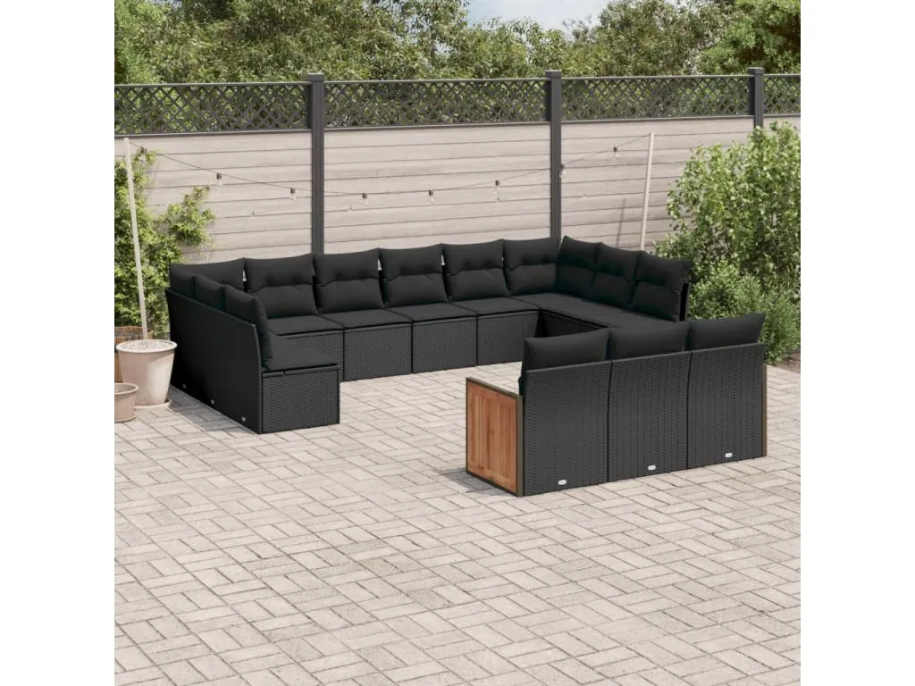 Boverdeco Set de sofás de jardín y cojines 13 pzas ratán sintético negro